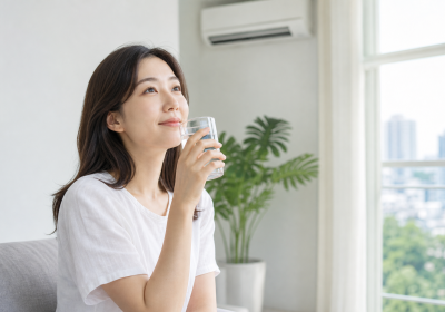 냉방된 여름 실내에서 물을 마시며 목을 관리하는 한국인 여성