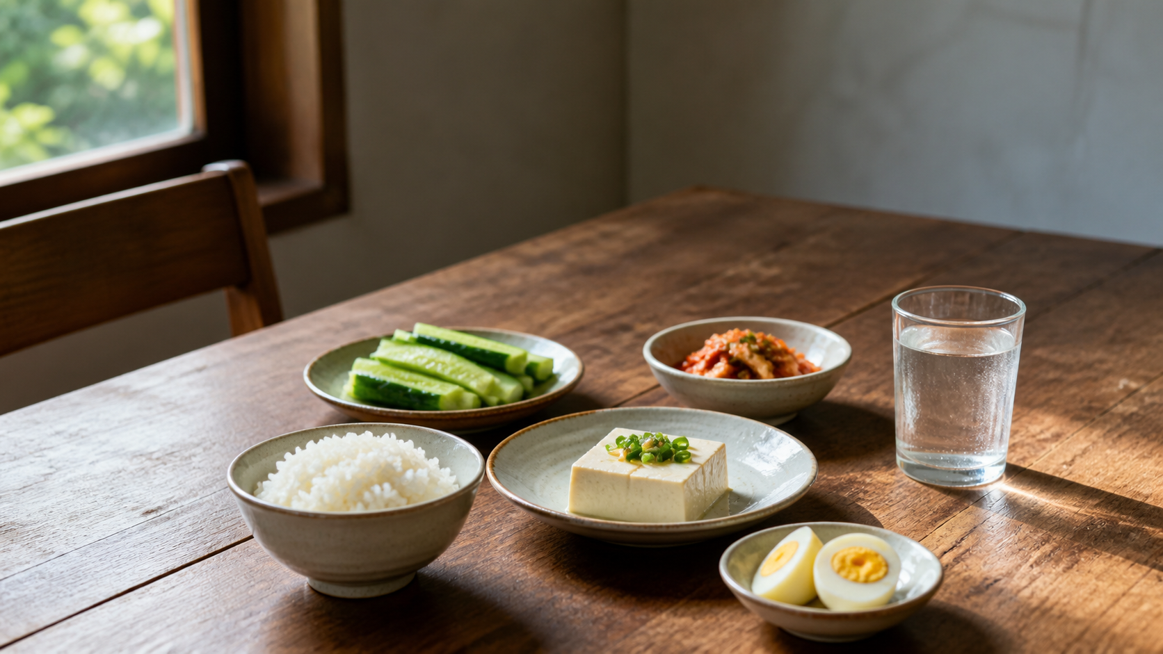 밥과 달걀, 두부, 오이로 구성한 소박한 여름 아침 식사