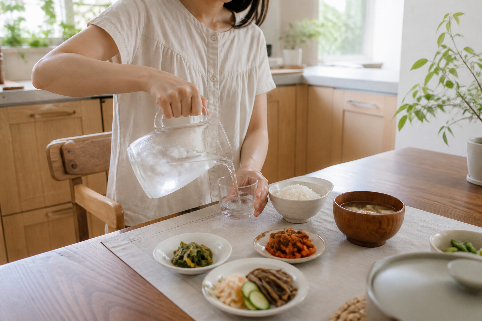 여름 아침 식탁에서 물을 따르는 모습