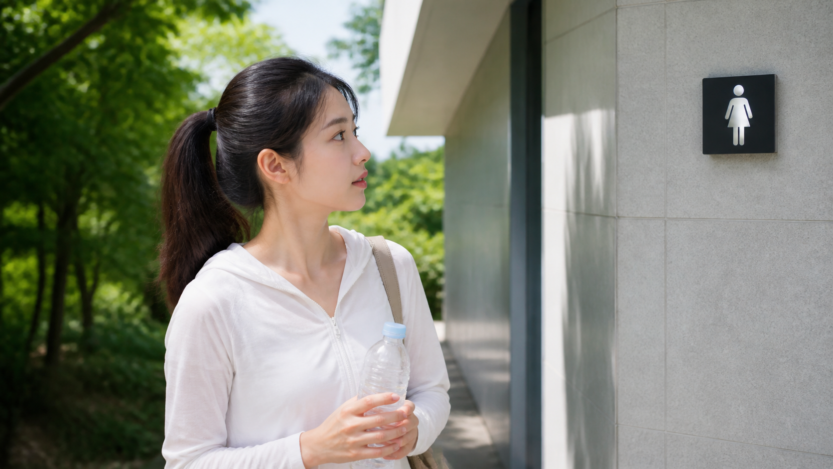 여름 야외 활동 중 물병과 화장실 위치를 확인하는 한국인 여성