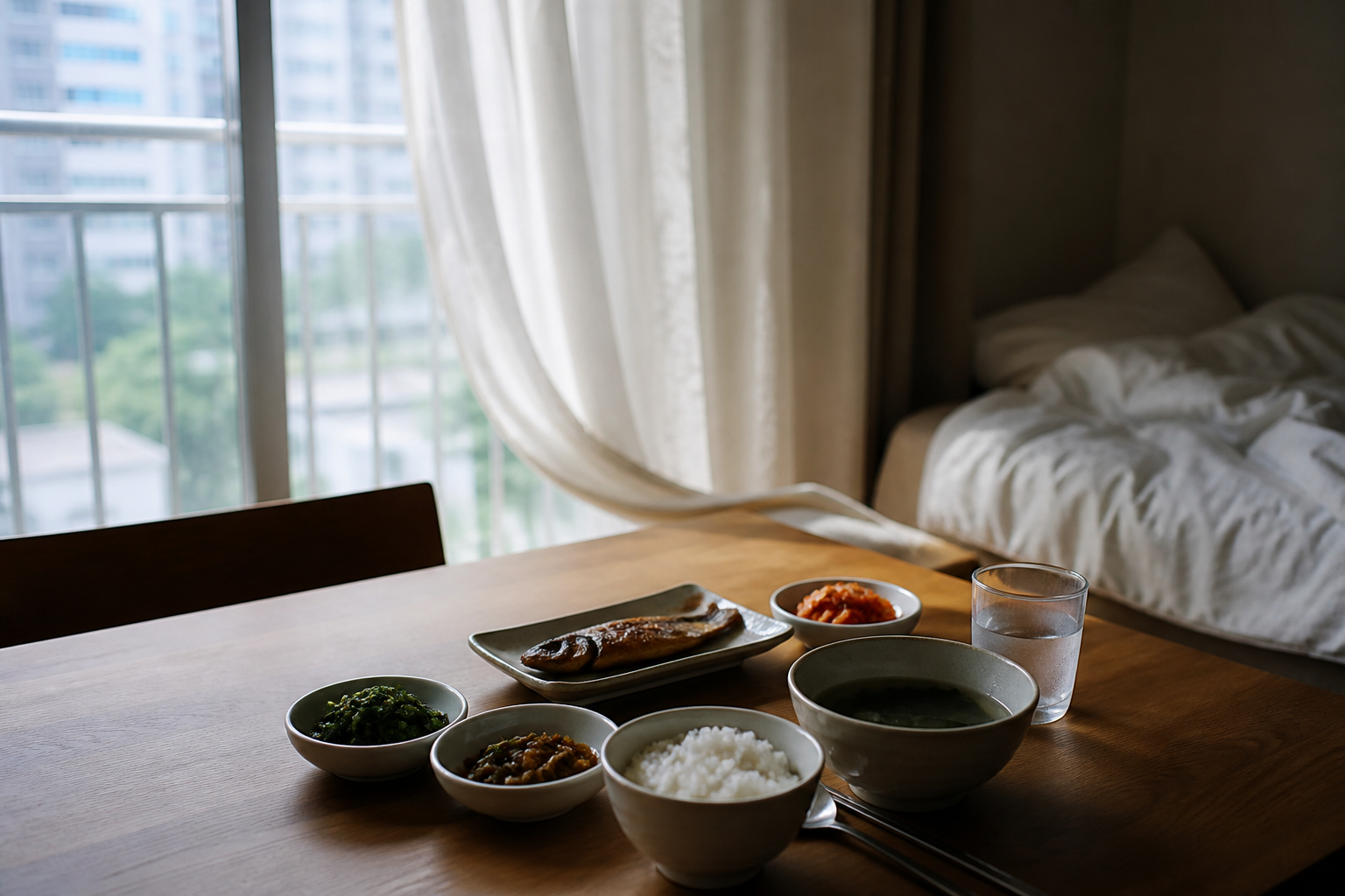 무더운 여름날 조용히 차려진 아침 식탁