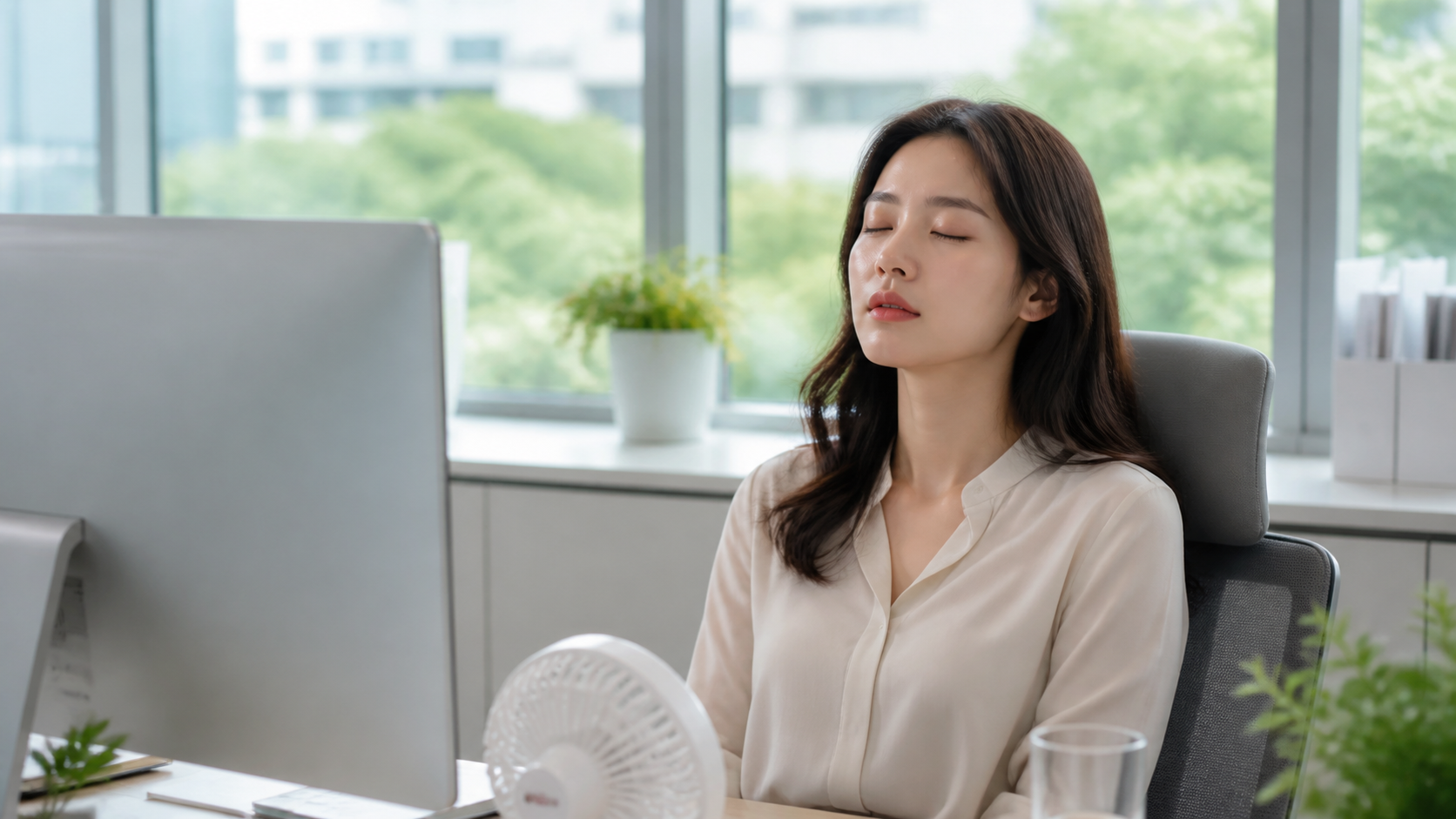 냉방 중인 여름 사무실에서 모니터 앞에 앉아 눈을 감고 쉬는 직장인