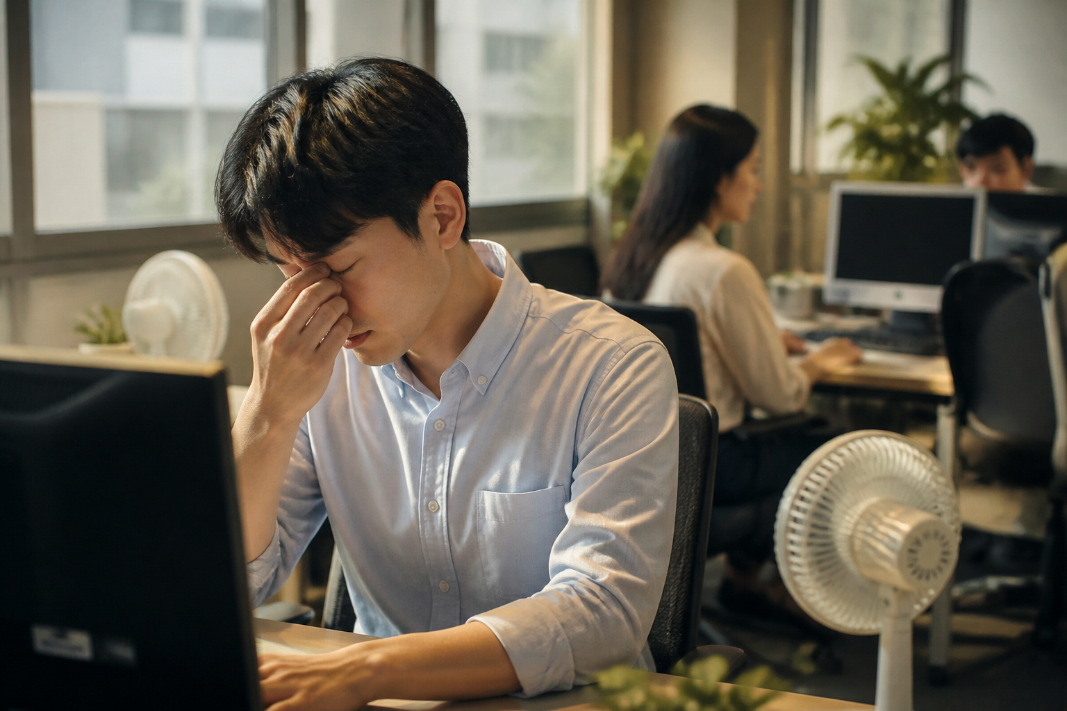 여름 오후 사무실에서 졸음을 느끼는 한국인 직장인