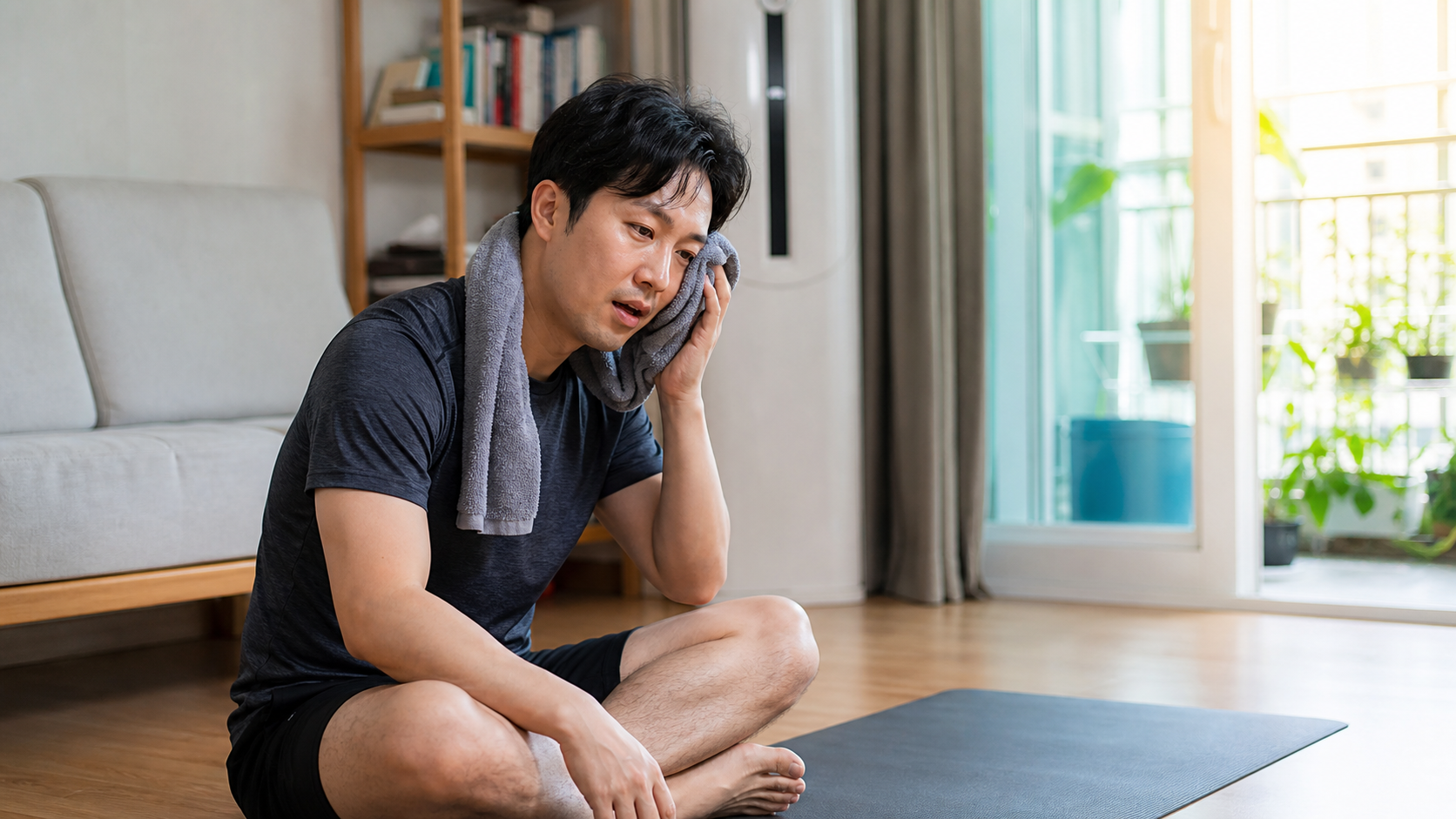 무더운 날 거실에서 운동을 시작하려는 한국인