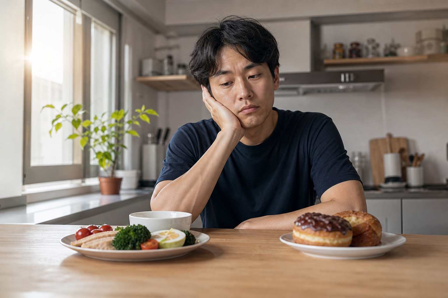 잠을 설친 아침 건강식과 단 음식 사이에서 고민하는 한국인 남성