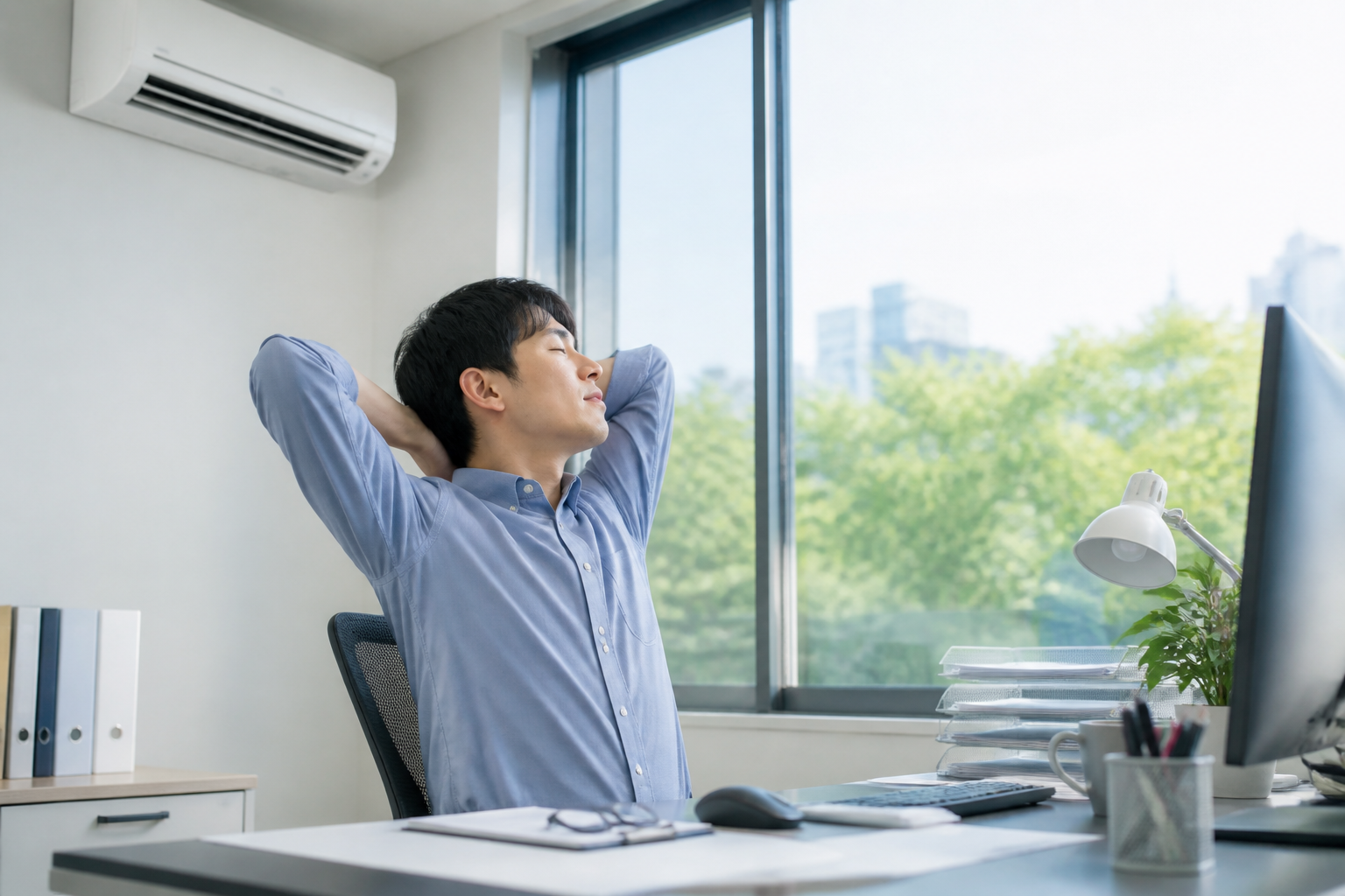 여름 사무실에서 앉았다가 일어나 허리를 부드럽게 펴는 직장인