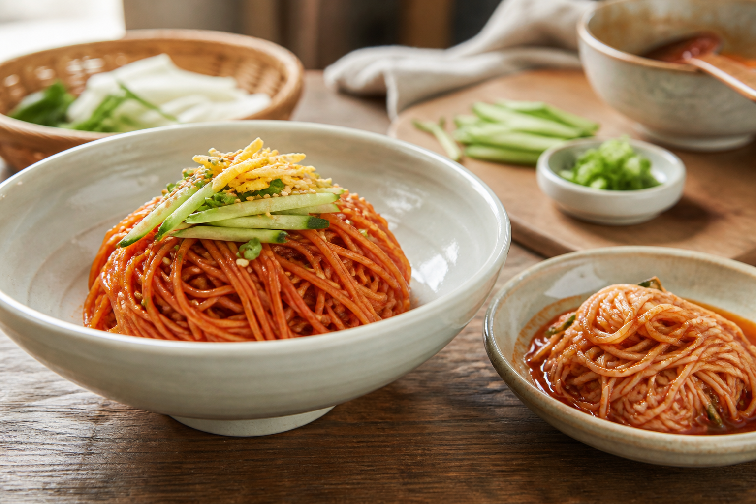 잘 비벼진 비빔국수와 물기가 남아 뭉친 면의 비교
