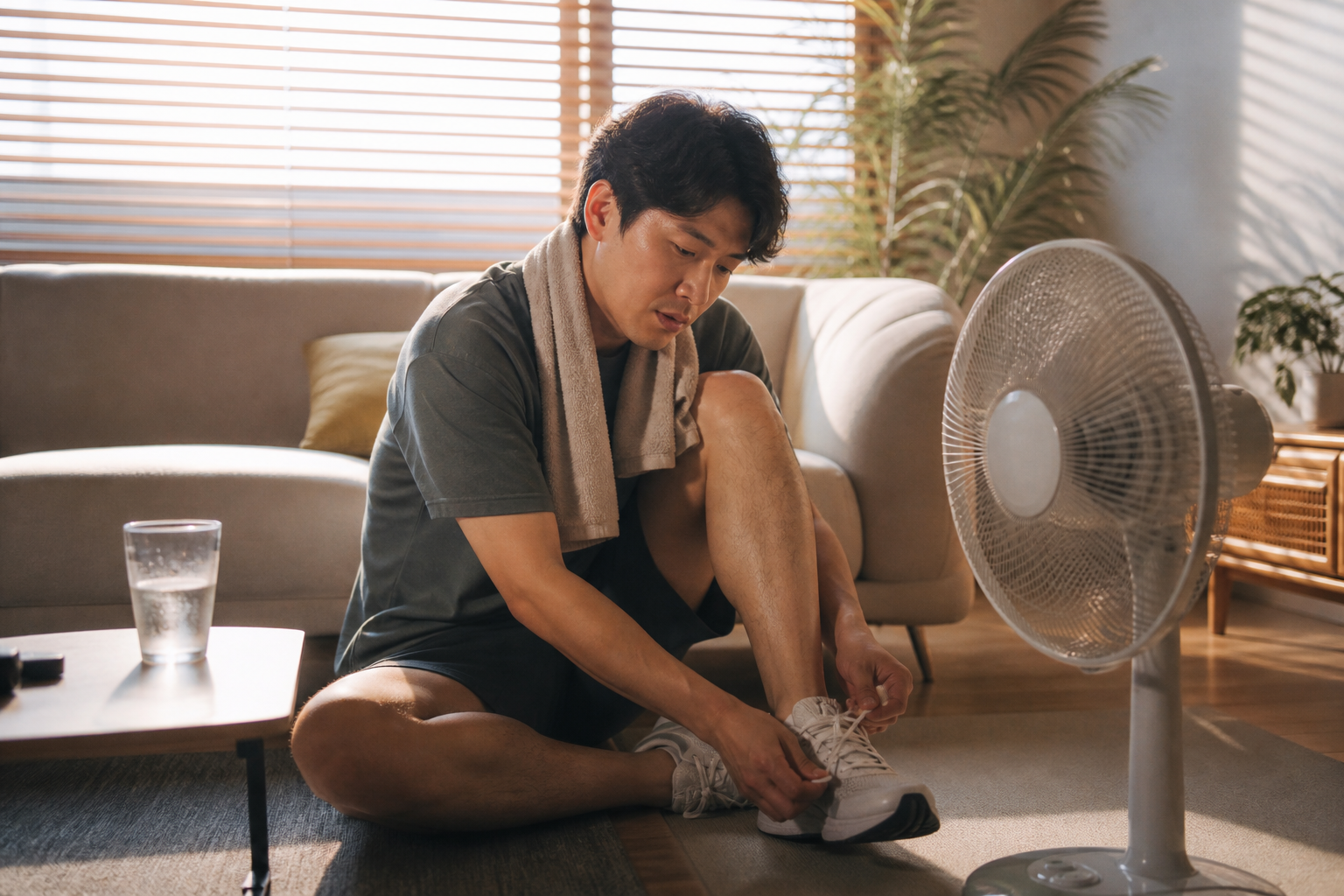 무더운 거실에서 선풍기 옆에 앉아 운동화를 정리하는 한국인 남성
