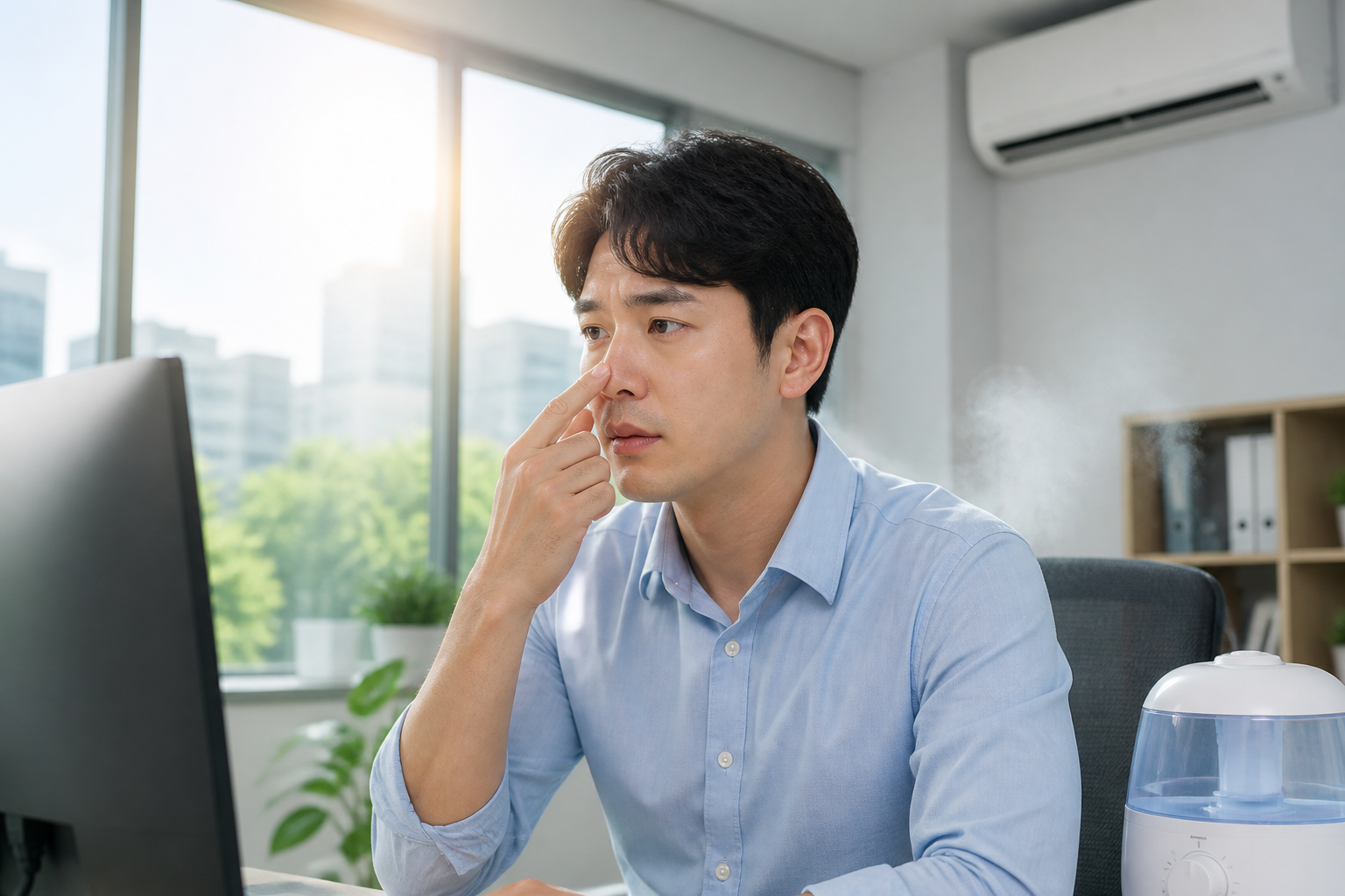 냉방 중인 사무실에서 코의 건조함을 느끼는 한국인 직장인