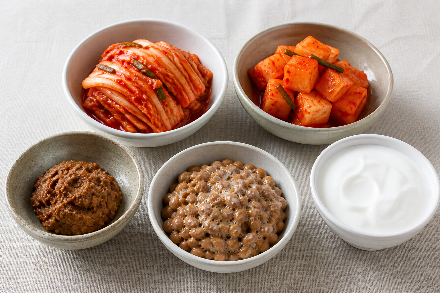 김치와 된장, 청국장, 요거트를 담은 그릇