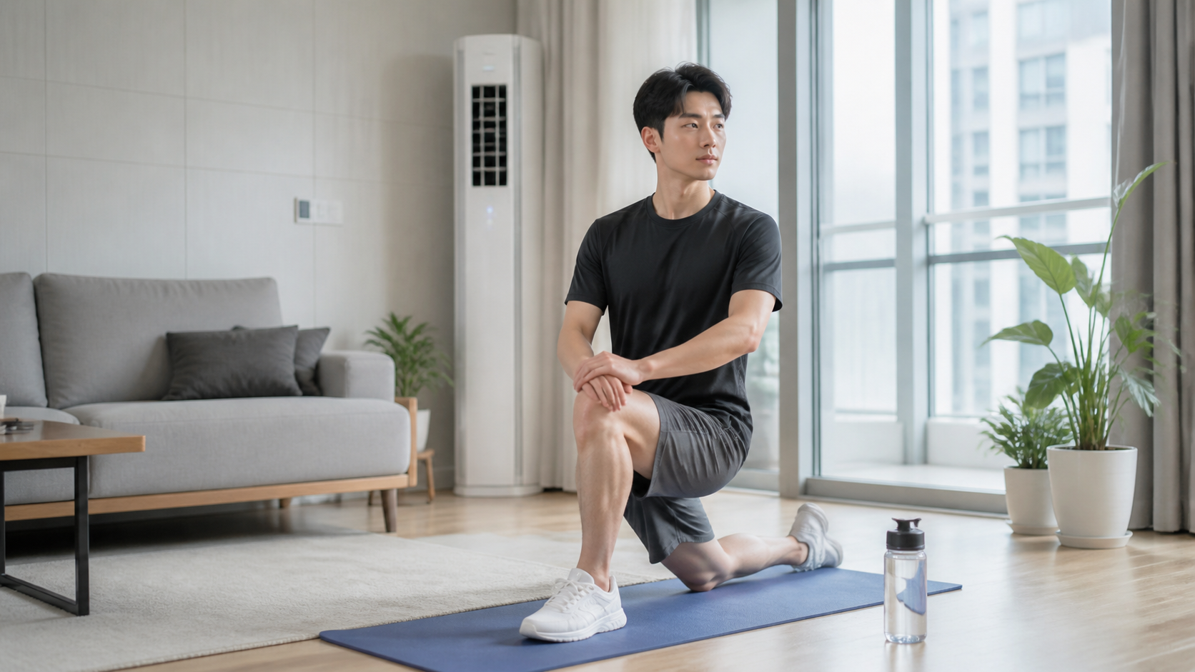 냉방된 거실에서 홈트레이닝을 시작하는 한국인
