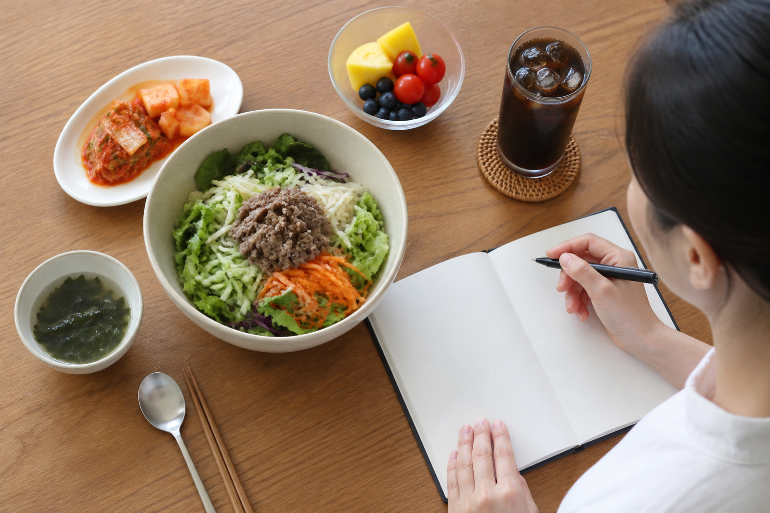 균형 잡힌 식사와 음료를 기록하는 장면