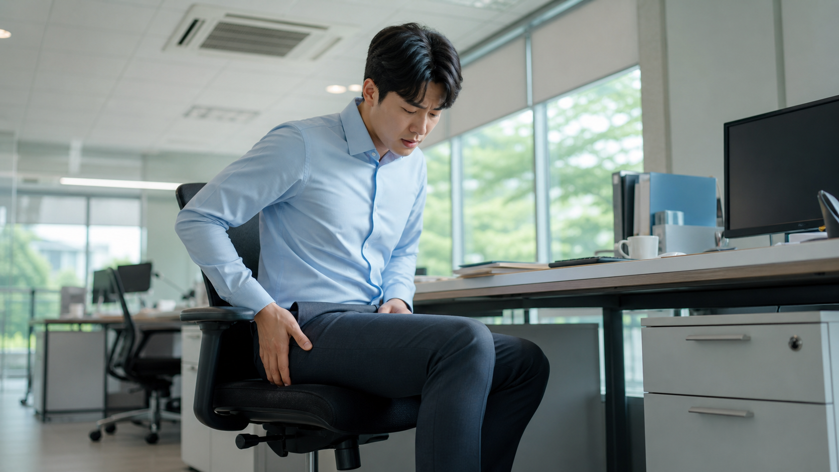 냉방된 사무실에서 오래 앉아 일하는 한국인 직장인