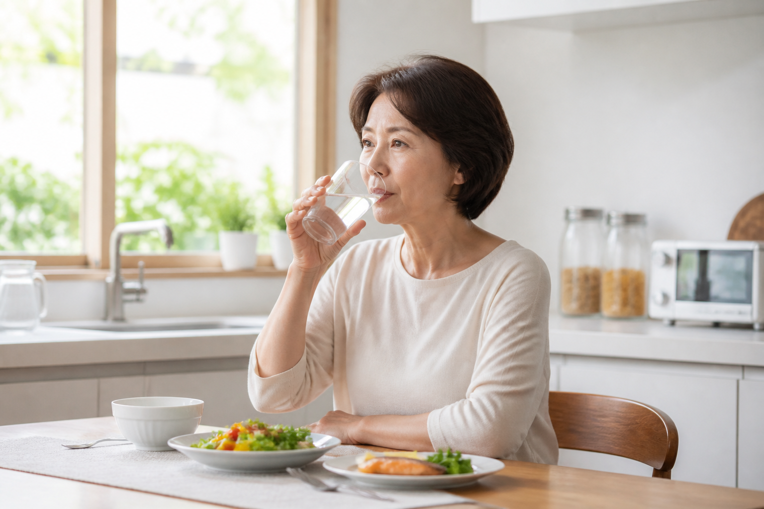 여름철 가정에서 물을 천천히 마시는 한국인 중년 여성
