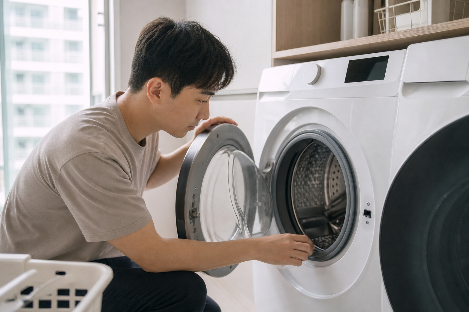 세탁기 문을 열어 확인하는 모습