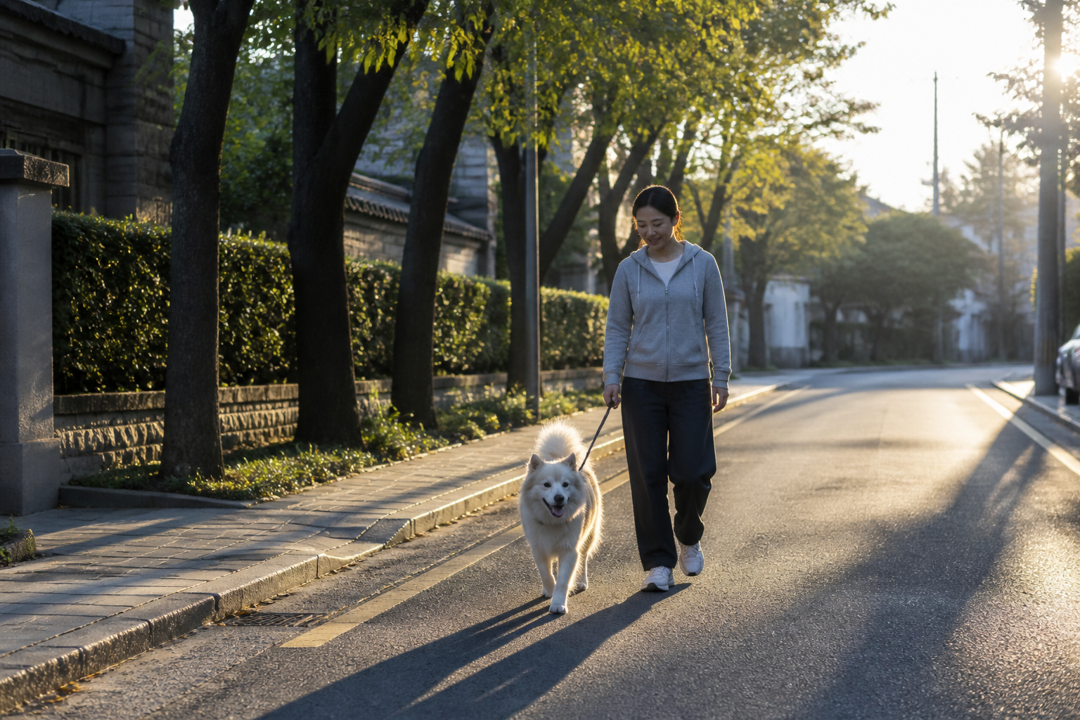 나무가 늘어선 길에서 이른 아침 산책을 하는 강아지와 보호자