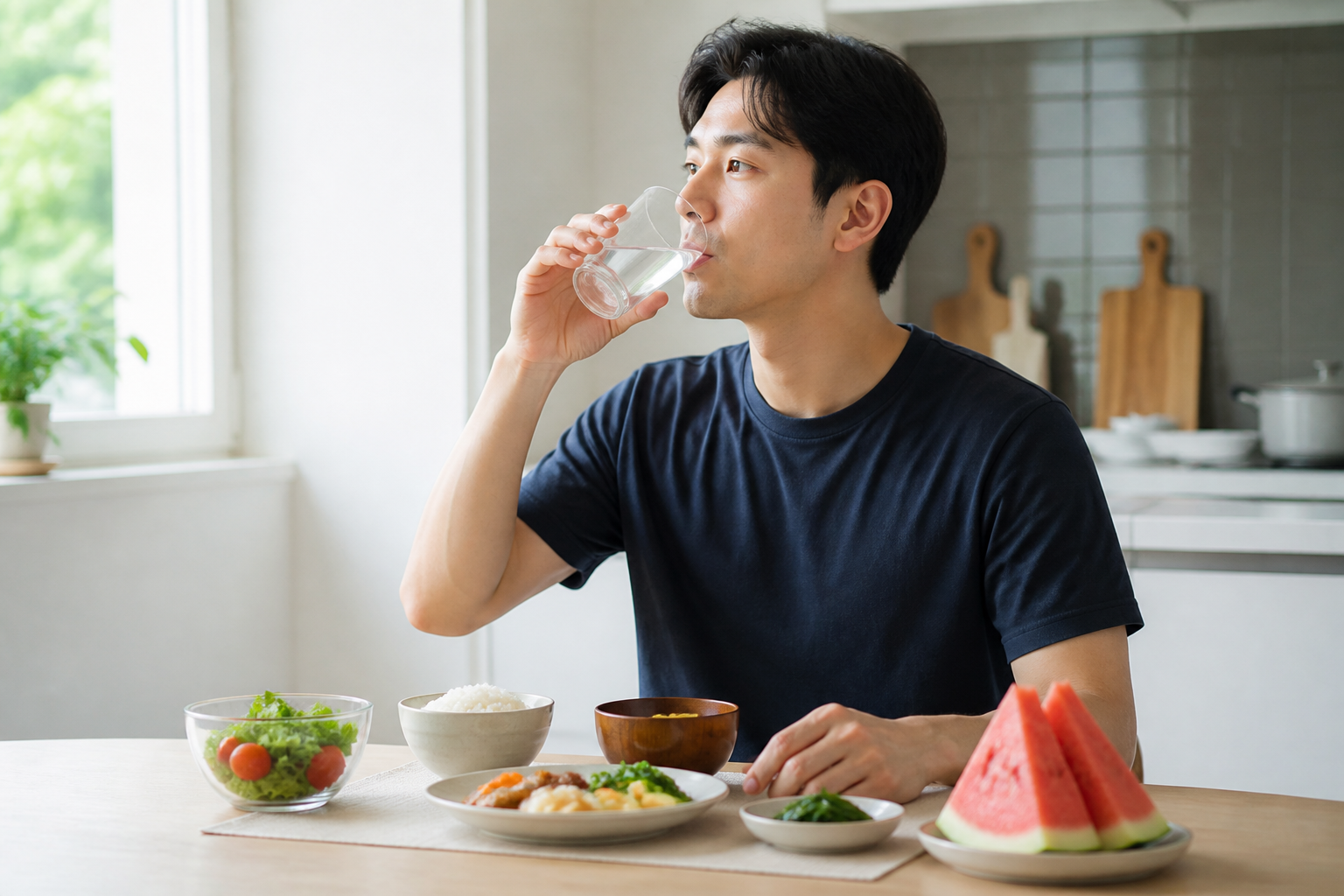 여름 낮 물과 균형 잡힌 식사를 챙기는 모습