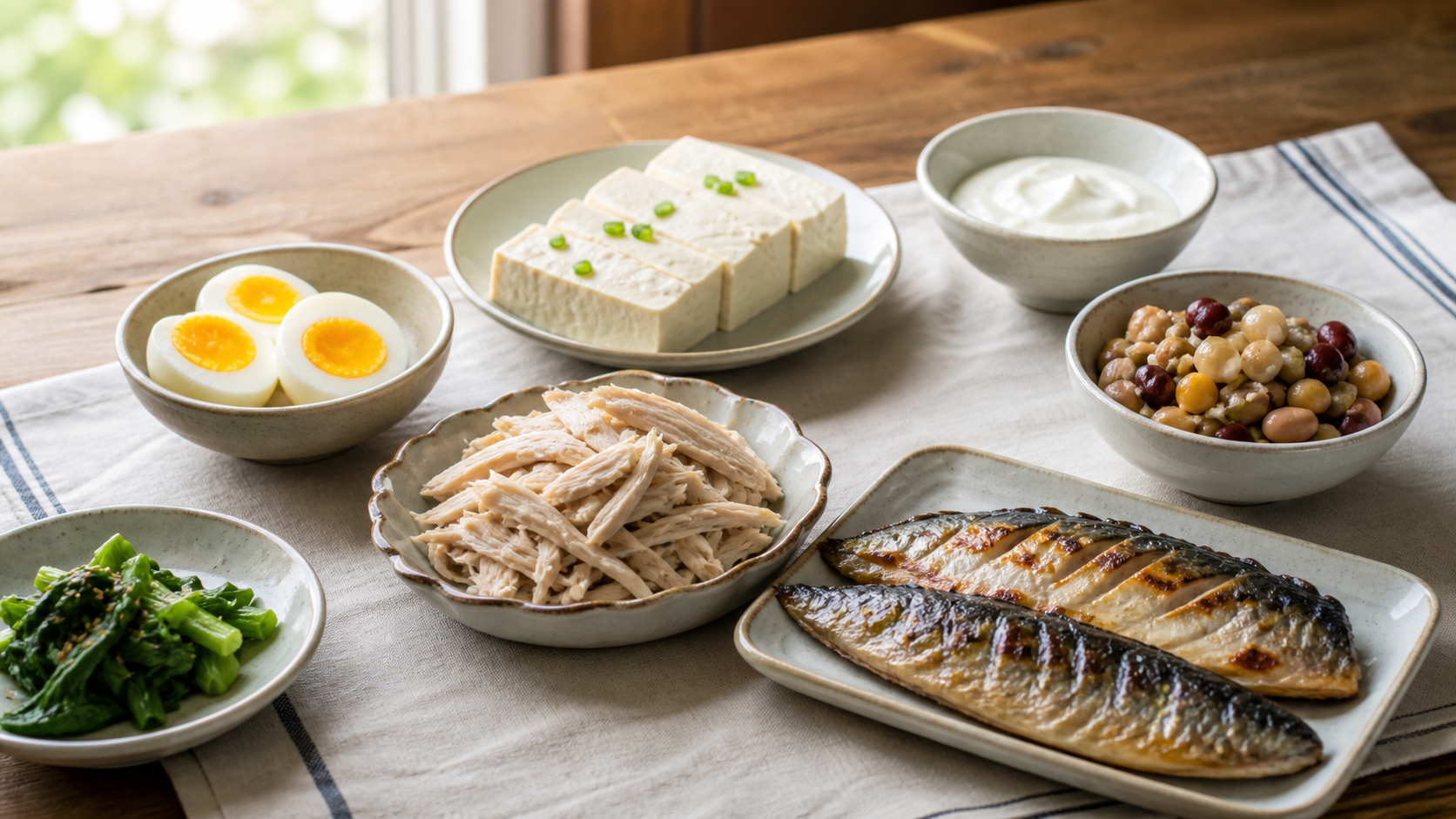 달걀과 두부, 닭고기, 생선, 콩을 담은 단백질 식품 상차림