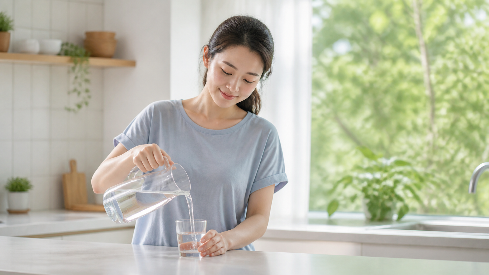 밝은 주방에서 유리잔으로 물을 마시는 한국인 여성