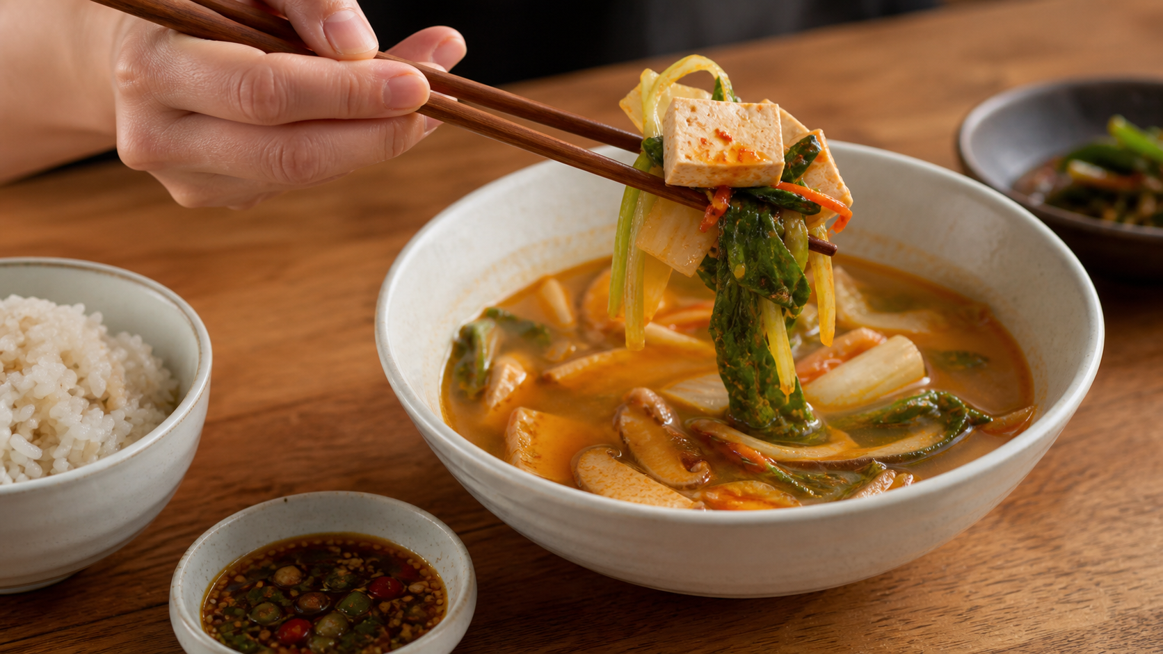 찌개에서 두부와 채소 건더기를 집어 먹는 모습