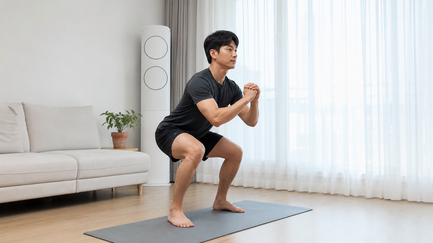 안정된 자세로 맨몸 스쿼트를 하는 한국인