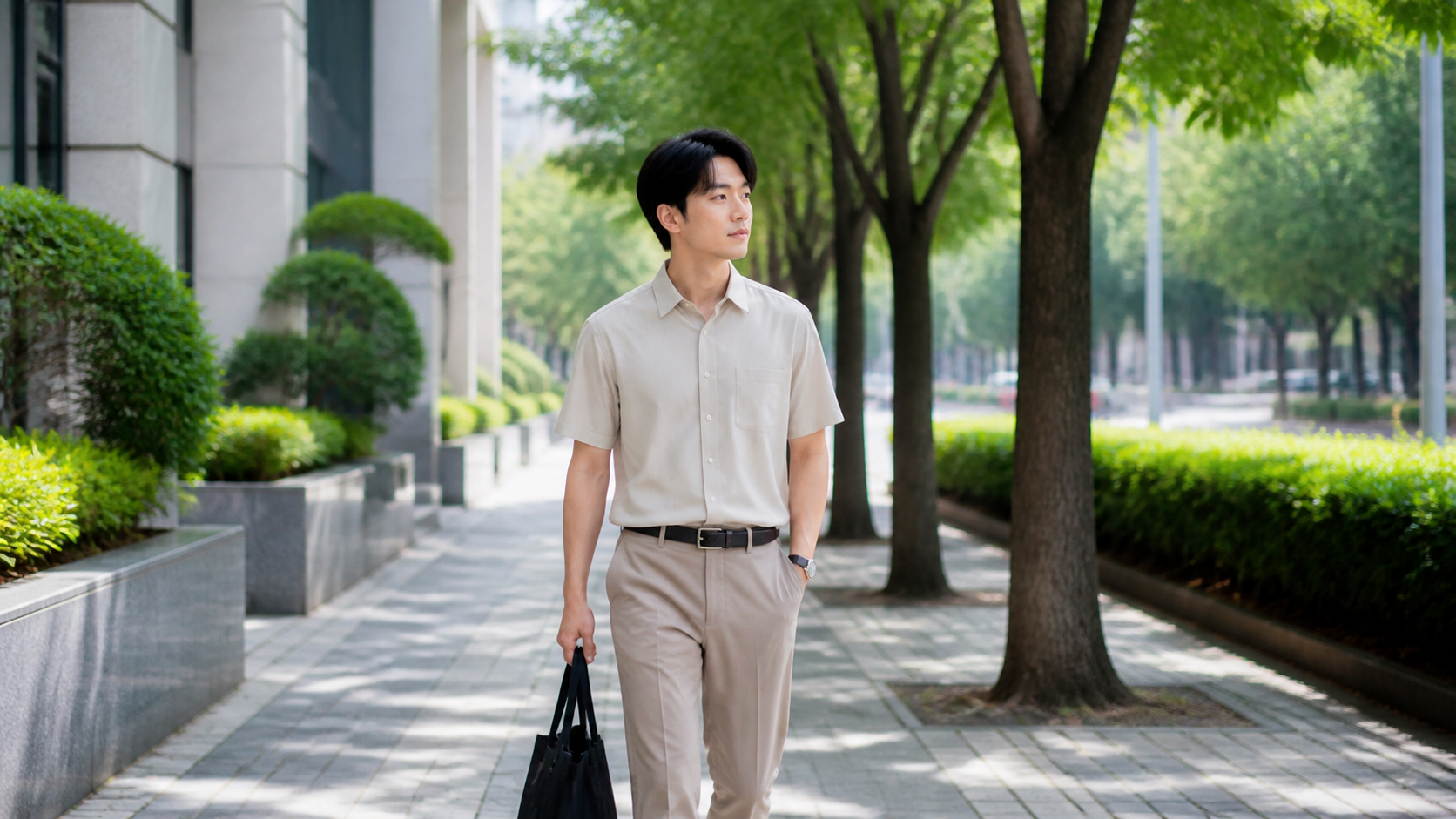 통기성 좋은 여름 출근복을 입고 그늘길을 걷는 직장인