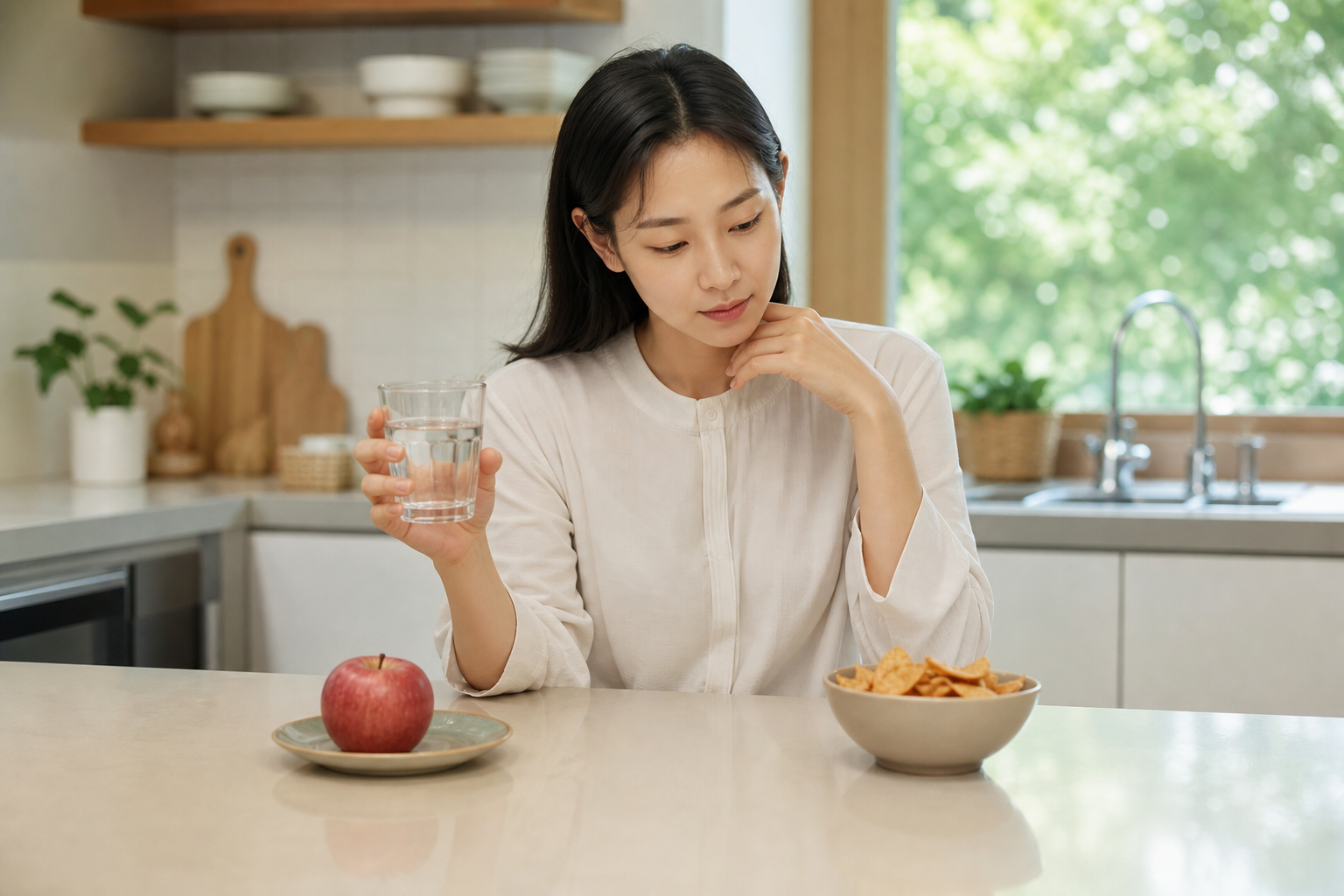 물과 사과, 간식을 앞에 두고 선택을 생각하는 한국인 여성