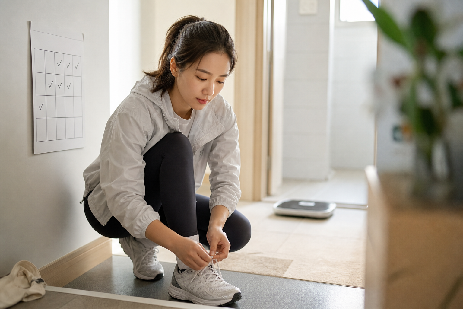 현관에서 운동화 끈을 묶으며 행동 목표를 실천하는 한국인 여성