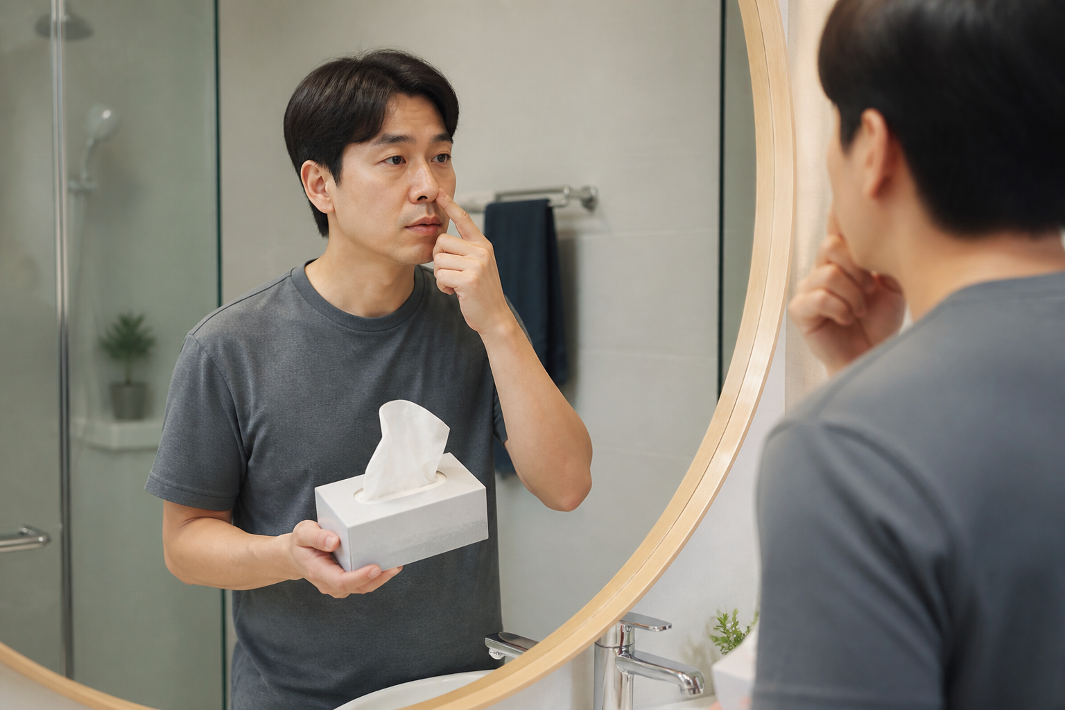 거울 앞에서 올바른 코피 대처법을 확인하는 한국인 성인