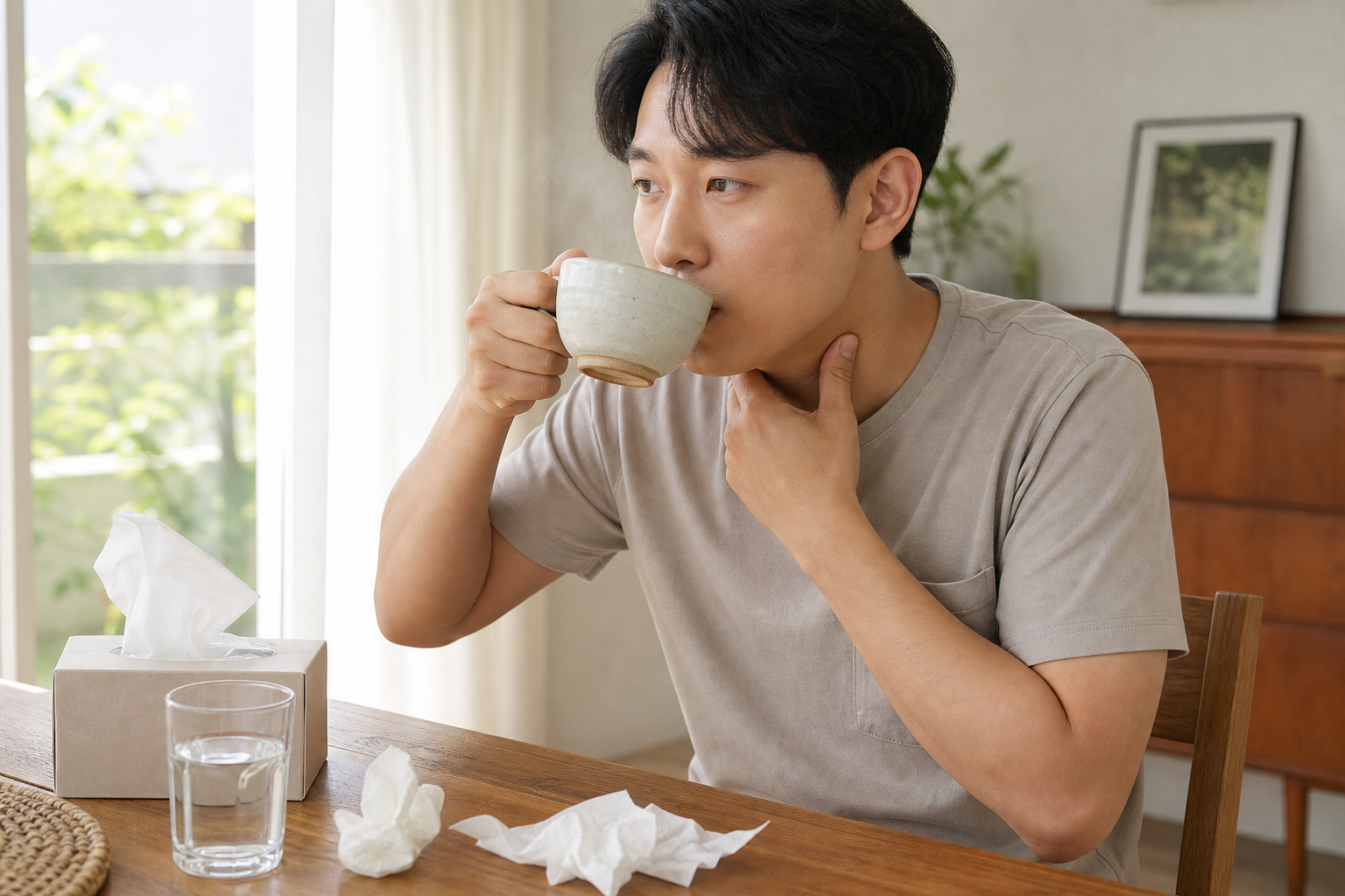 따뜻한 차를 마시는 모습