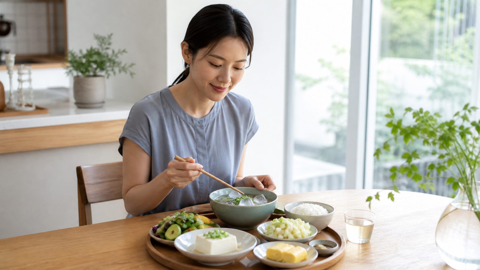채소와 단백질을 포함한 여름 식사를 천천히 먹는 한국인