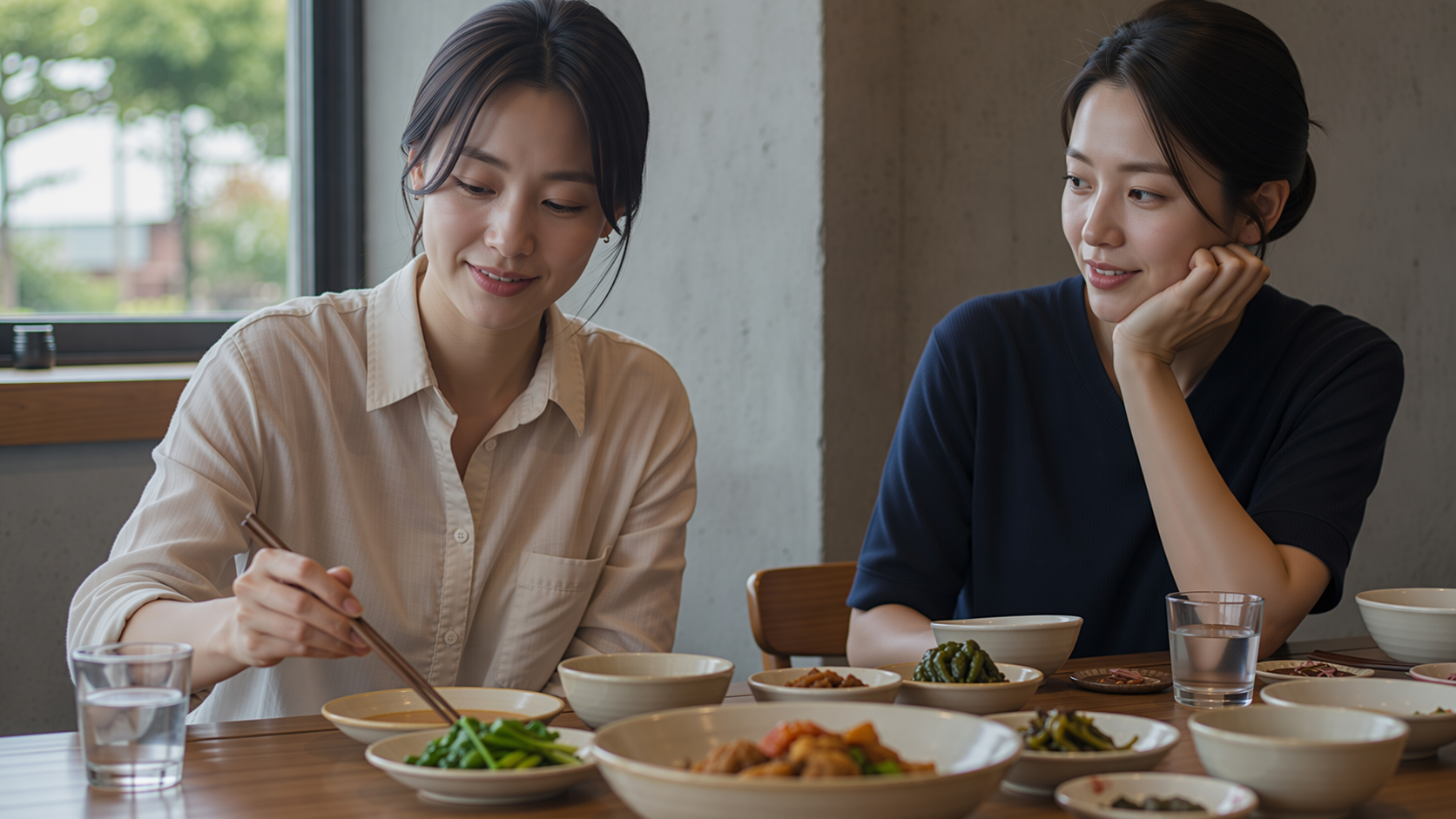 채소 반찬을 천천히 먹으며 대화하는 두 여성