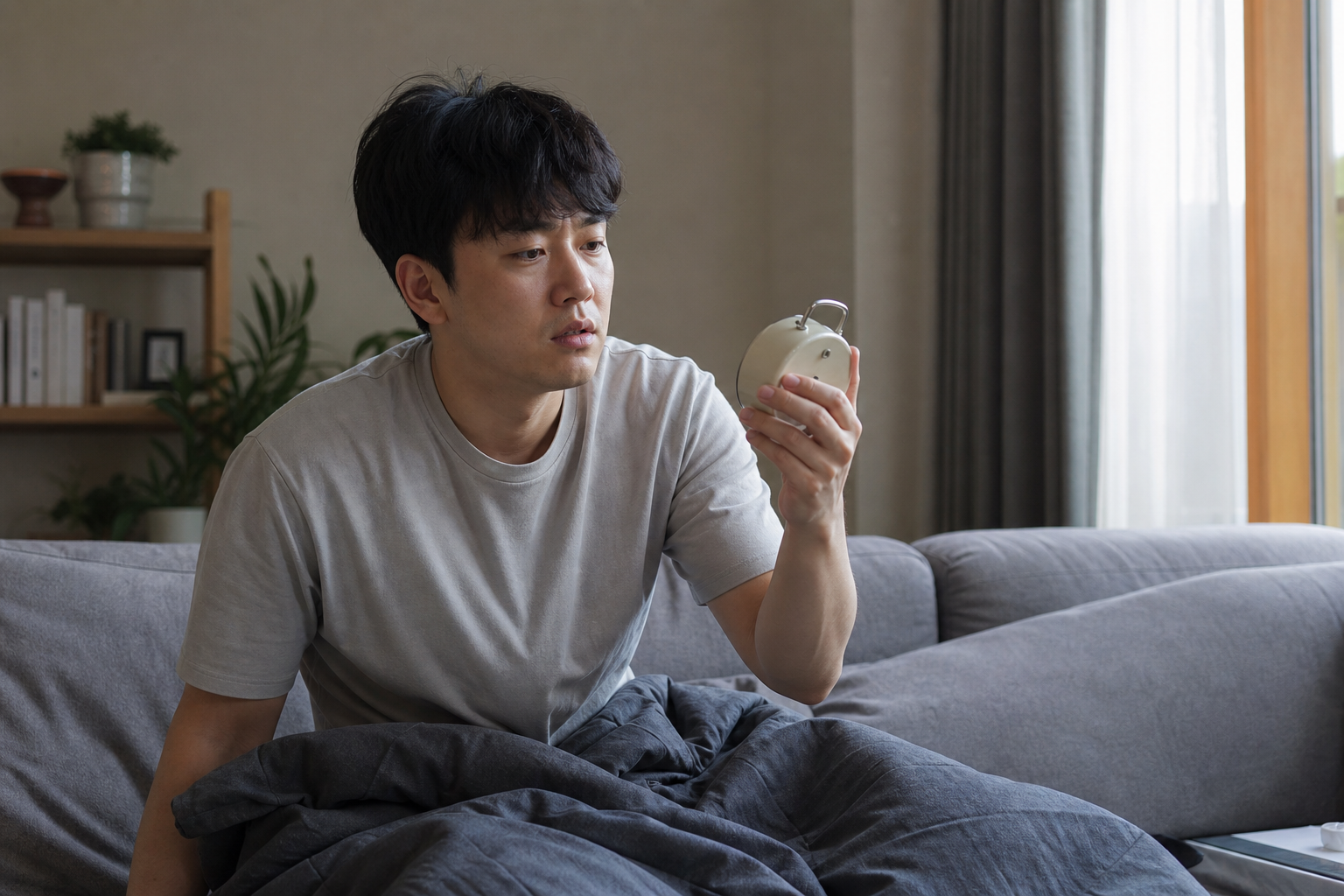 긴 낮잠 뒤 시계를 보며 멍한 표정의 한국인 성인