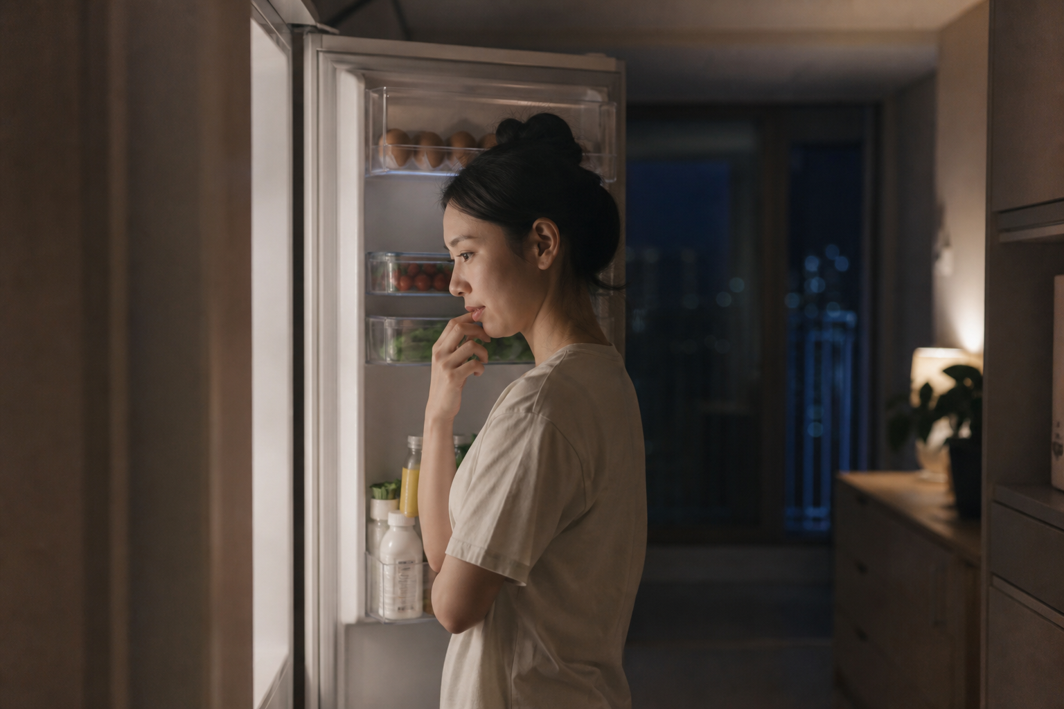 여름밤 열린 냉장고 앞에서 간식을 고르는 한국인