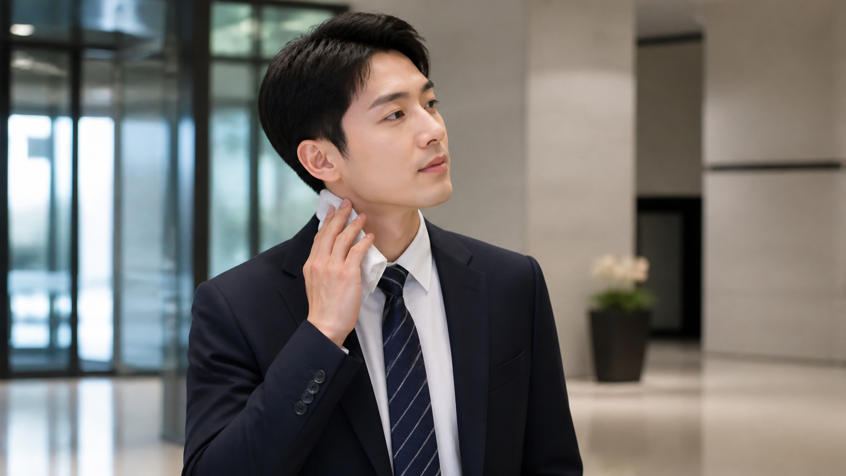 사무실 로비에서 손수건으로 땀을 닦는 한국 직장인