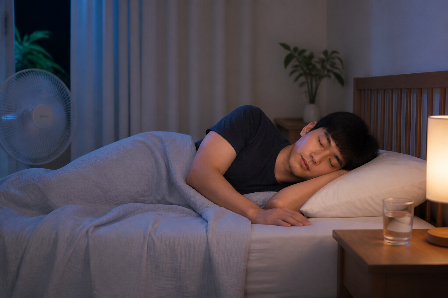 시원한 침실에서 편안히 잠든 한국인 남성