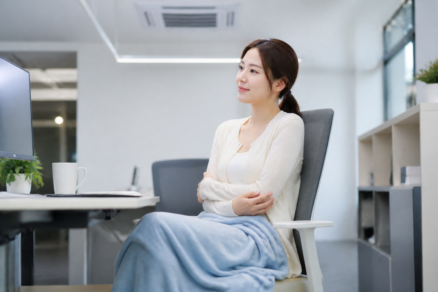 얇은 카디건과 무릎담요로 냉방 추위를 조절하는 모습