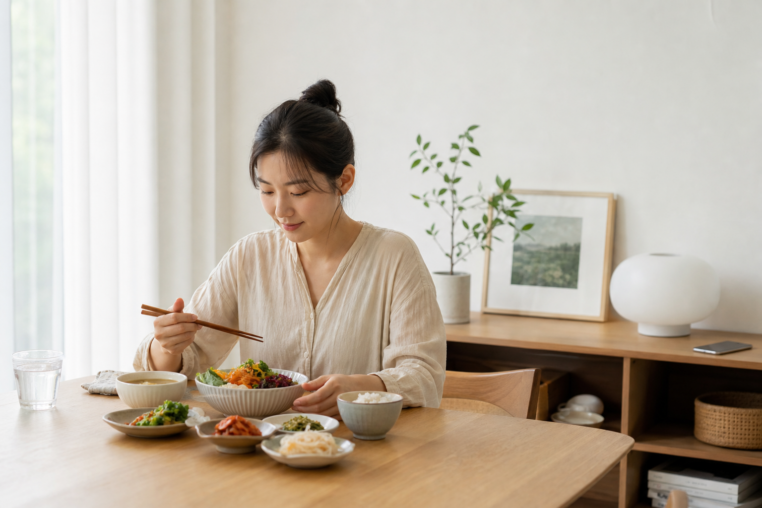휴대전화를 치우고 식사하는 한국인 여성