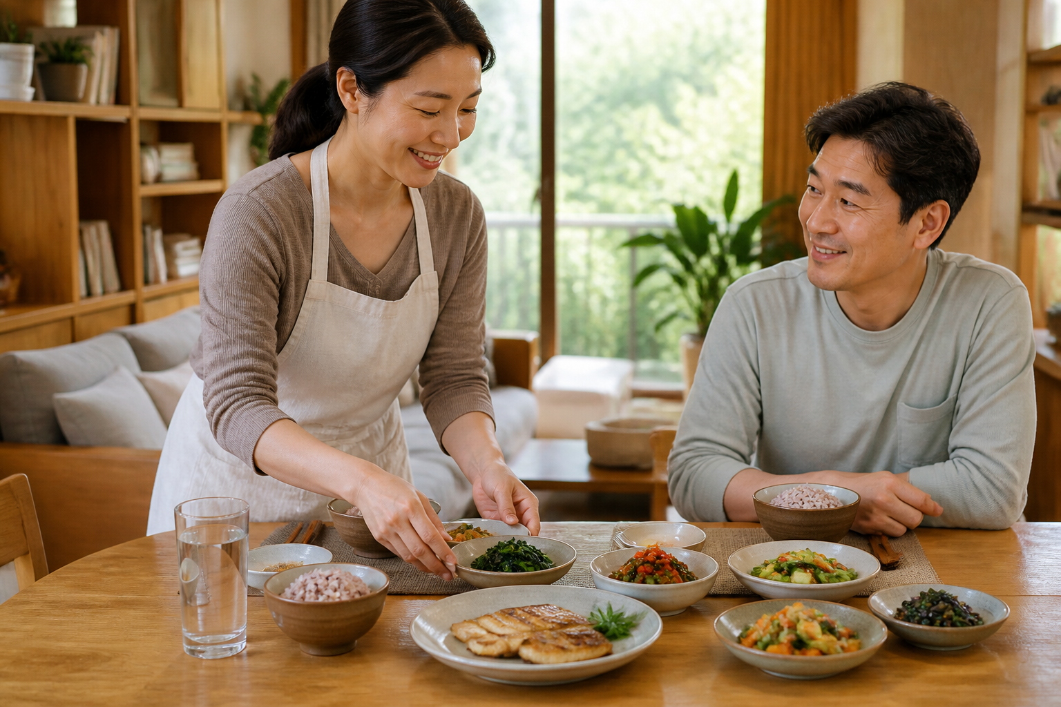 채소와 단백질이 포함된 집밥을 차리는 한국인 부부
