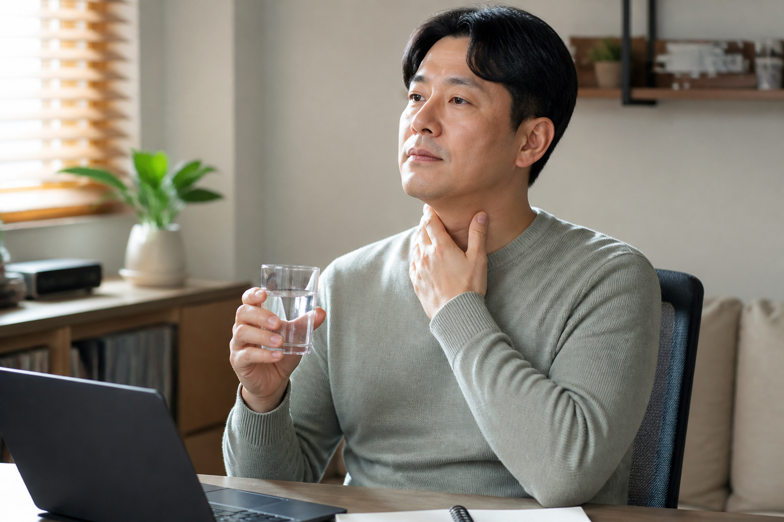 헛기침 대신 물을 준비한 한국인 남성