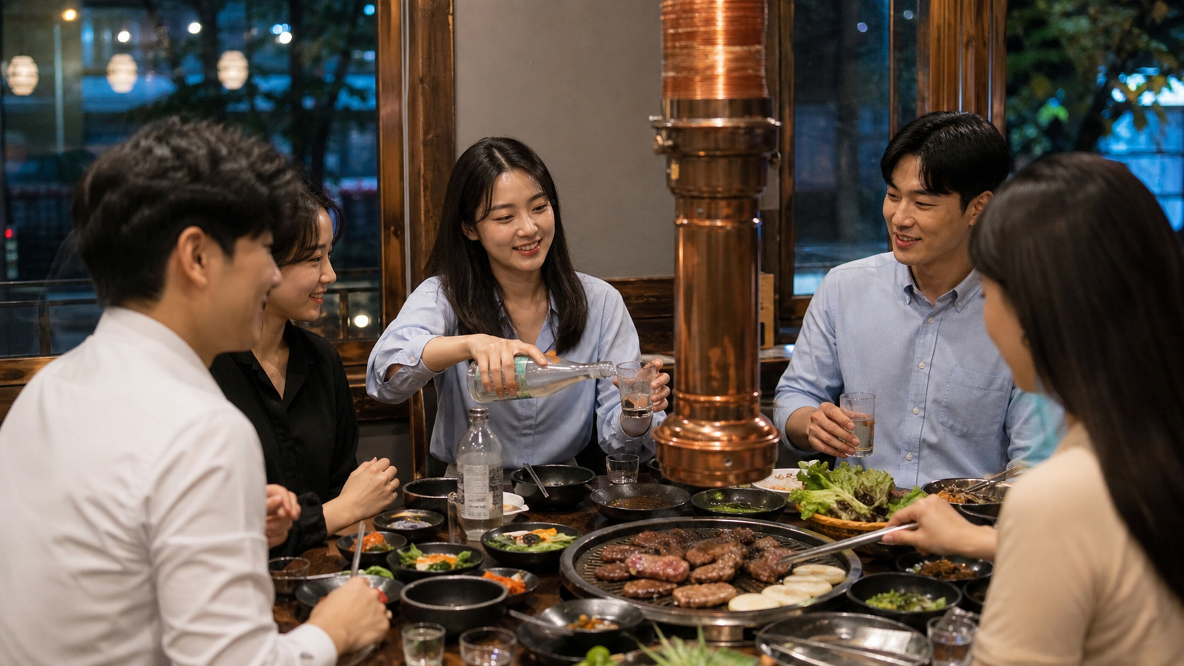 물과 채소를 곁들여 회식하는 한국인 직장인들