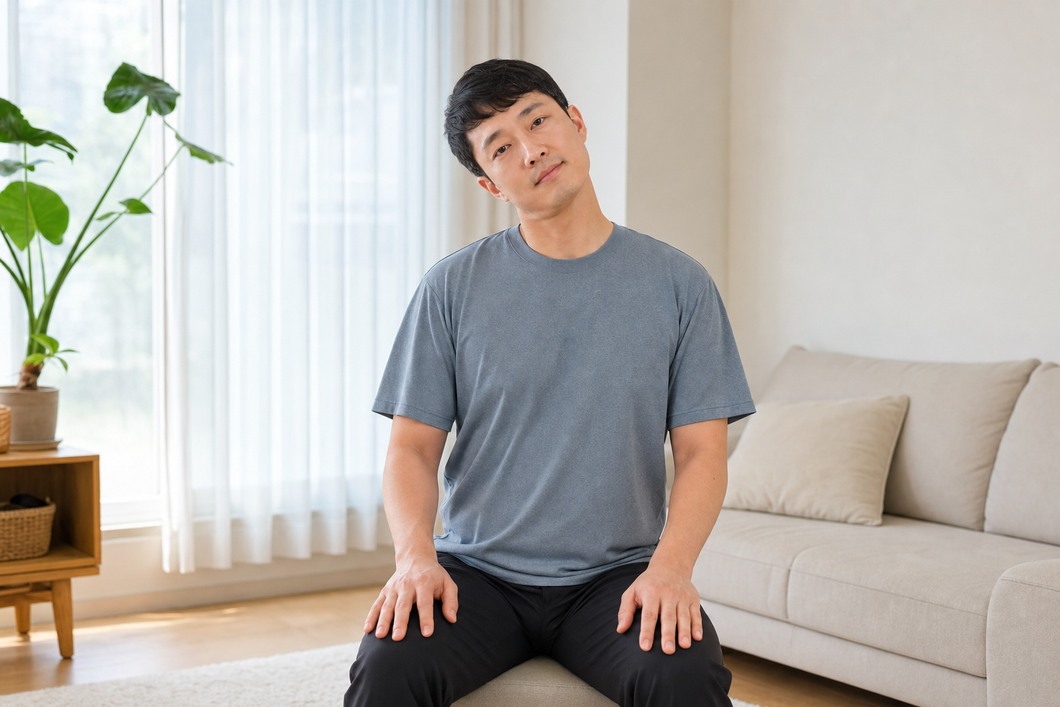 목 스트레칭을 하는 모습