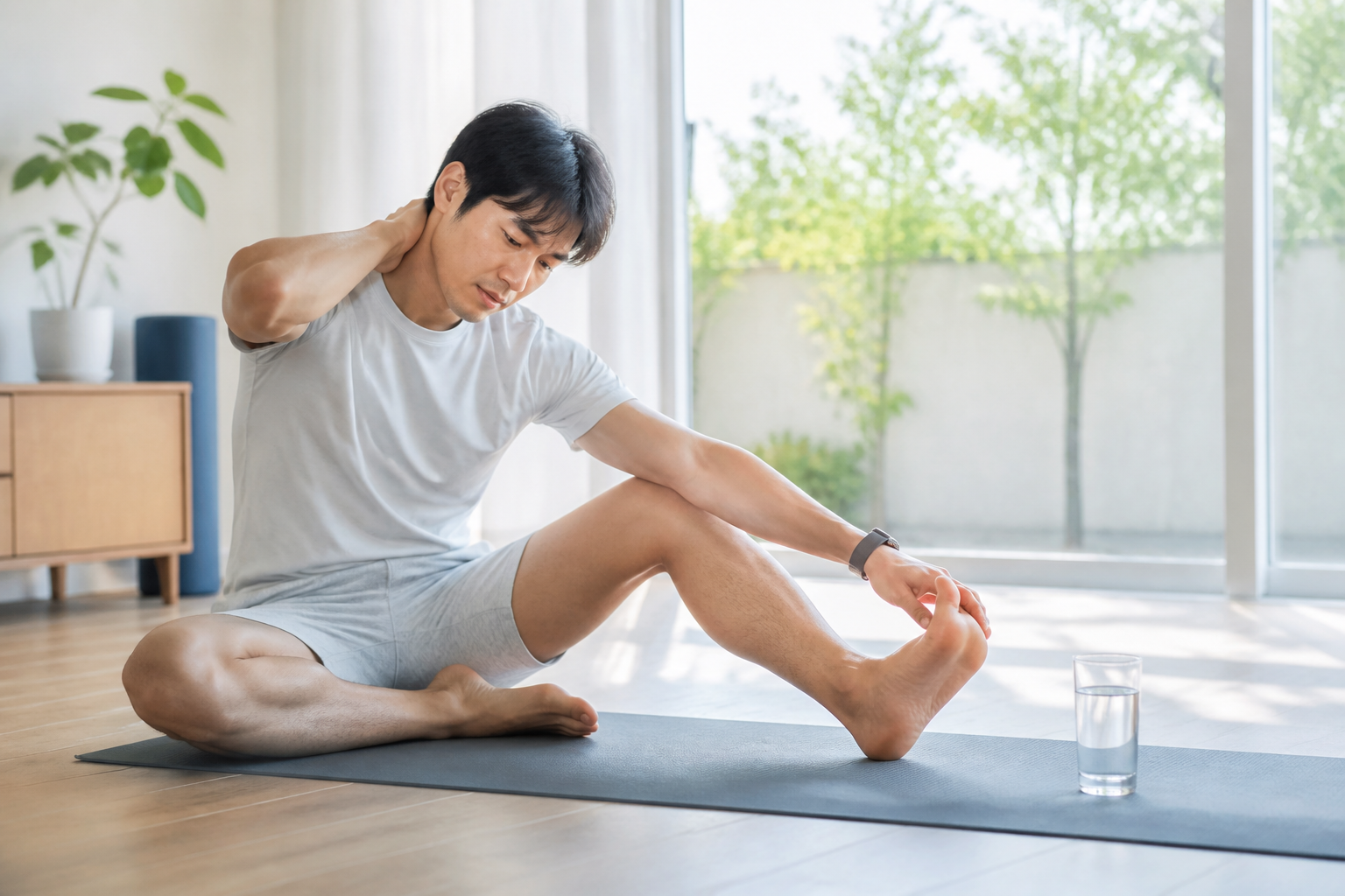 수면이 부족한 아침 가볍게 스트레칭하는 한국인