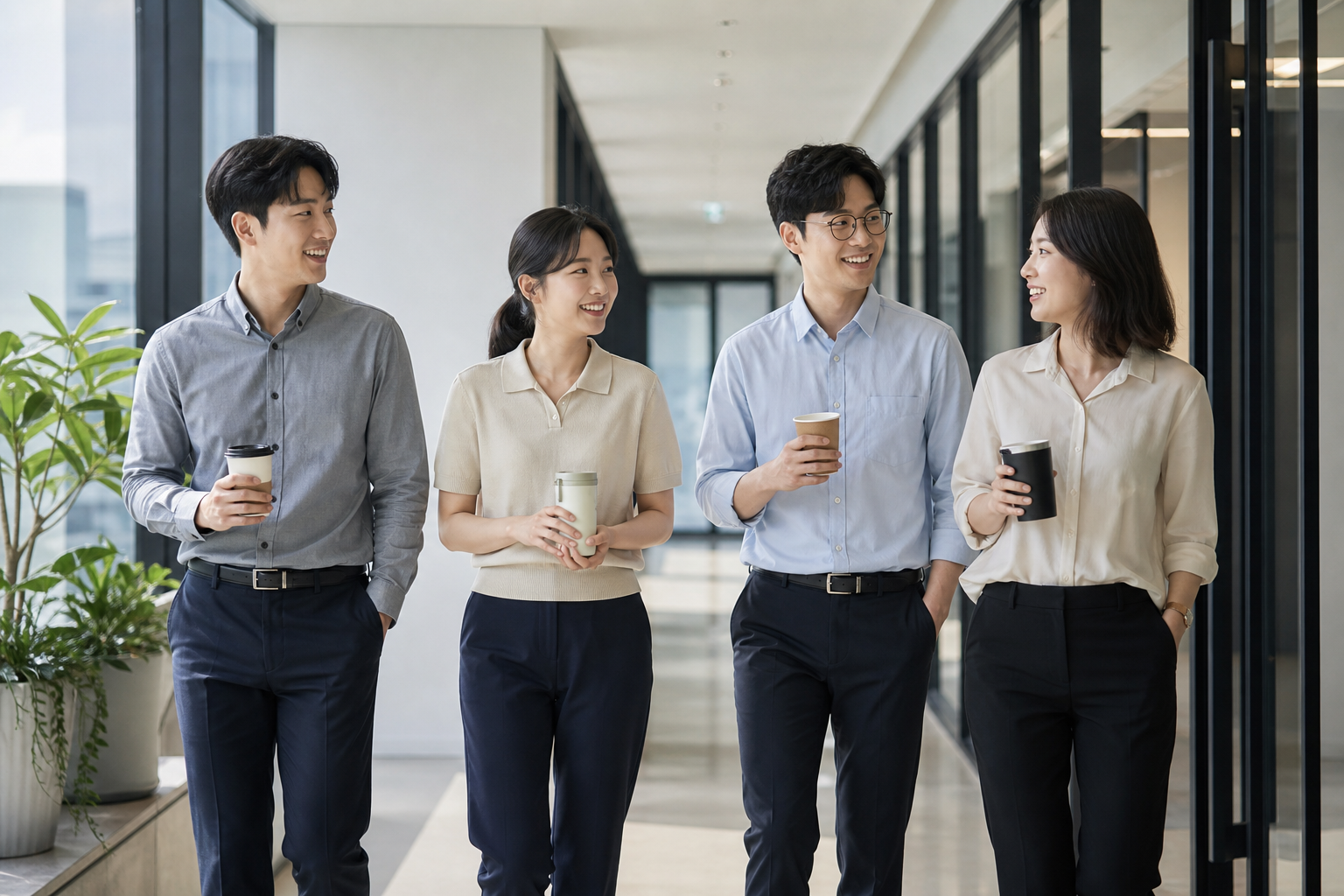 밝은 사무실 복도에서 짧은 걷기 휴식을 갖는 직장인들