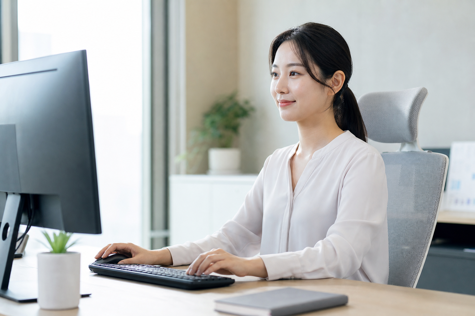 컴퓨터 작업 중 손목을 곧게 유지하는 한국인 직장인