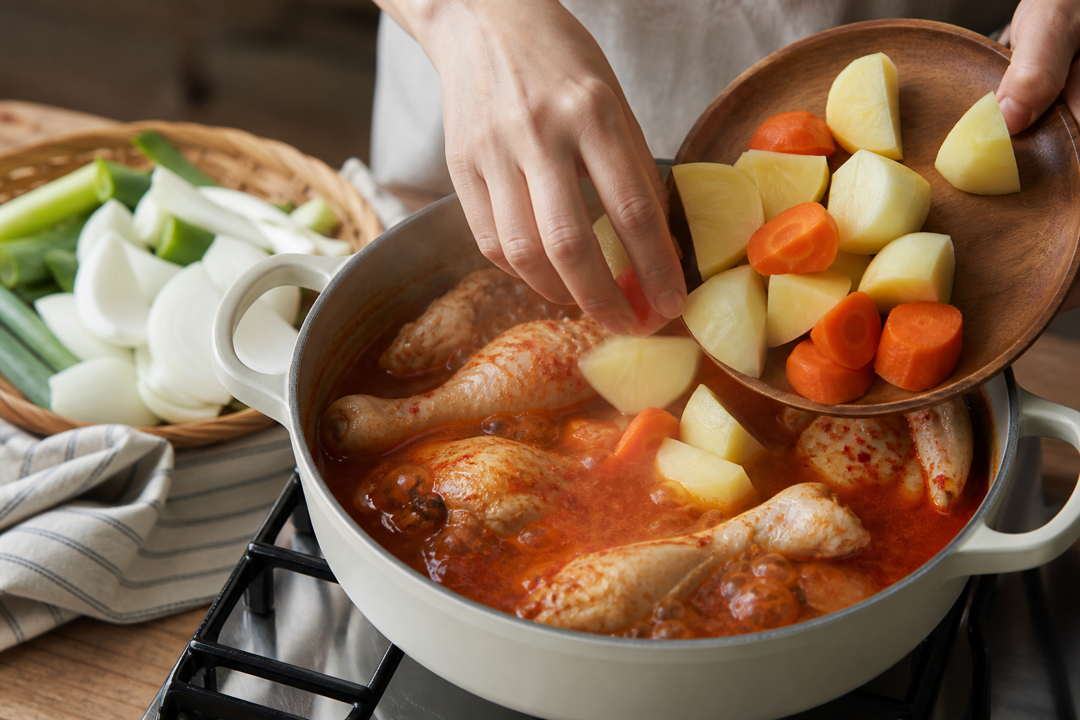 데친 닭과 채소를 순서대로 넣어 끓이는 과정