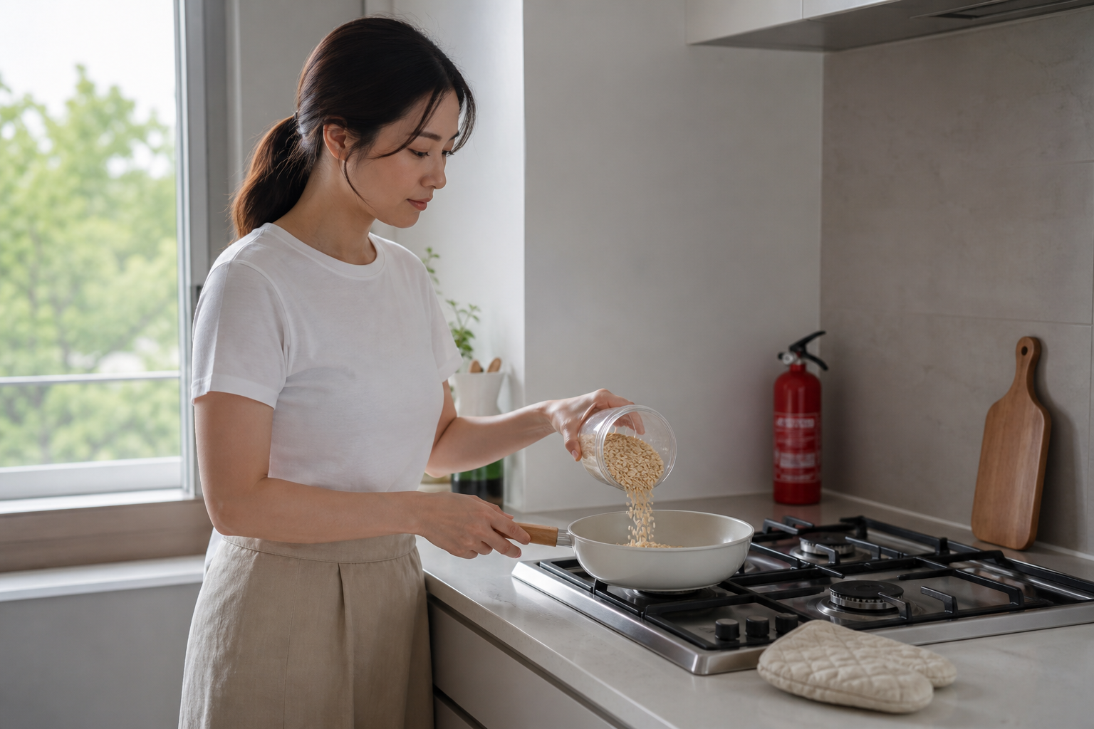 이른 아침 자연광 아래에서 국을 준비하는 주방