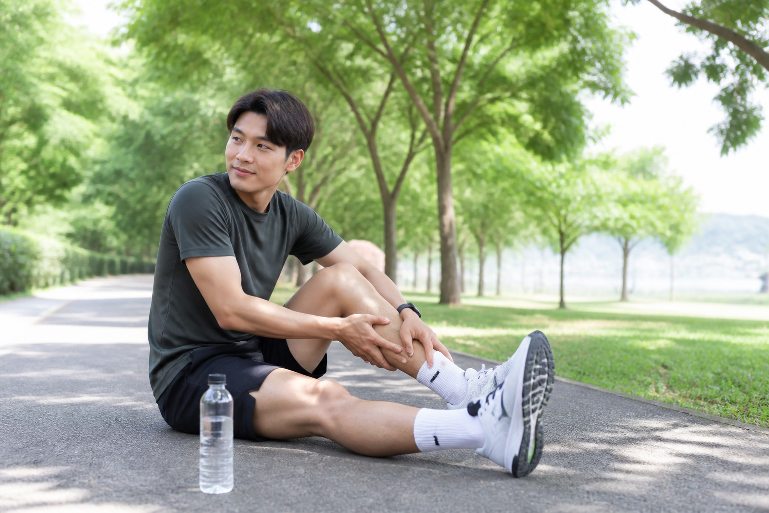 여름 운동 중 시원한 곳에서 쉬는 한국인 러너