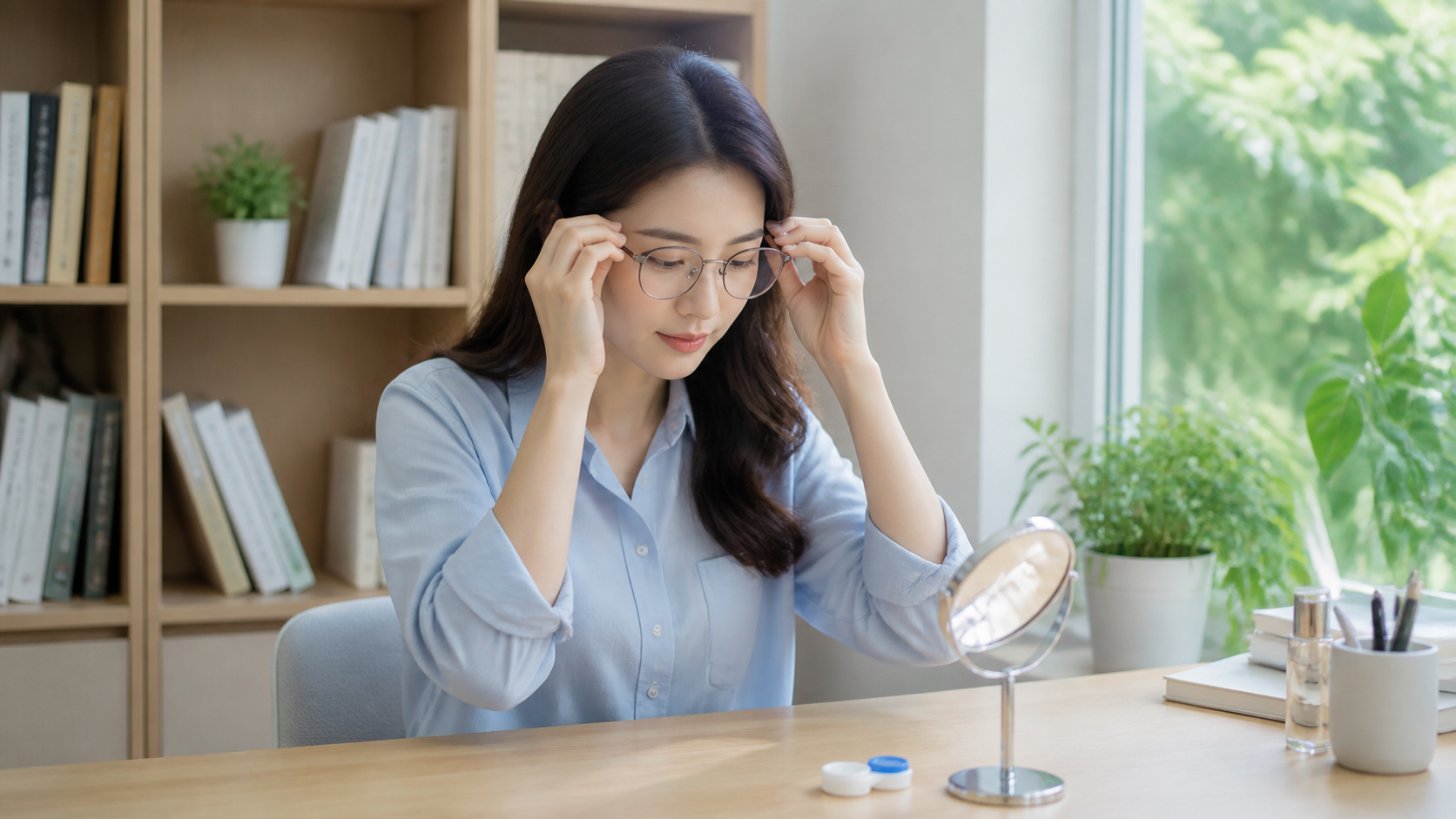 콘택트렌즈 대신 안경을 착용하는 직장인과 깨끗한 렌즈 케이스