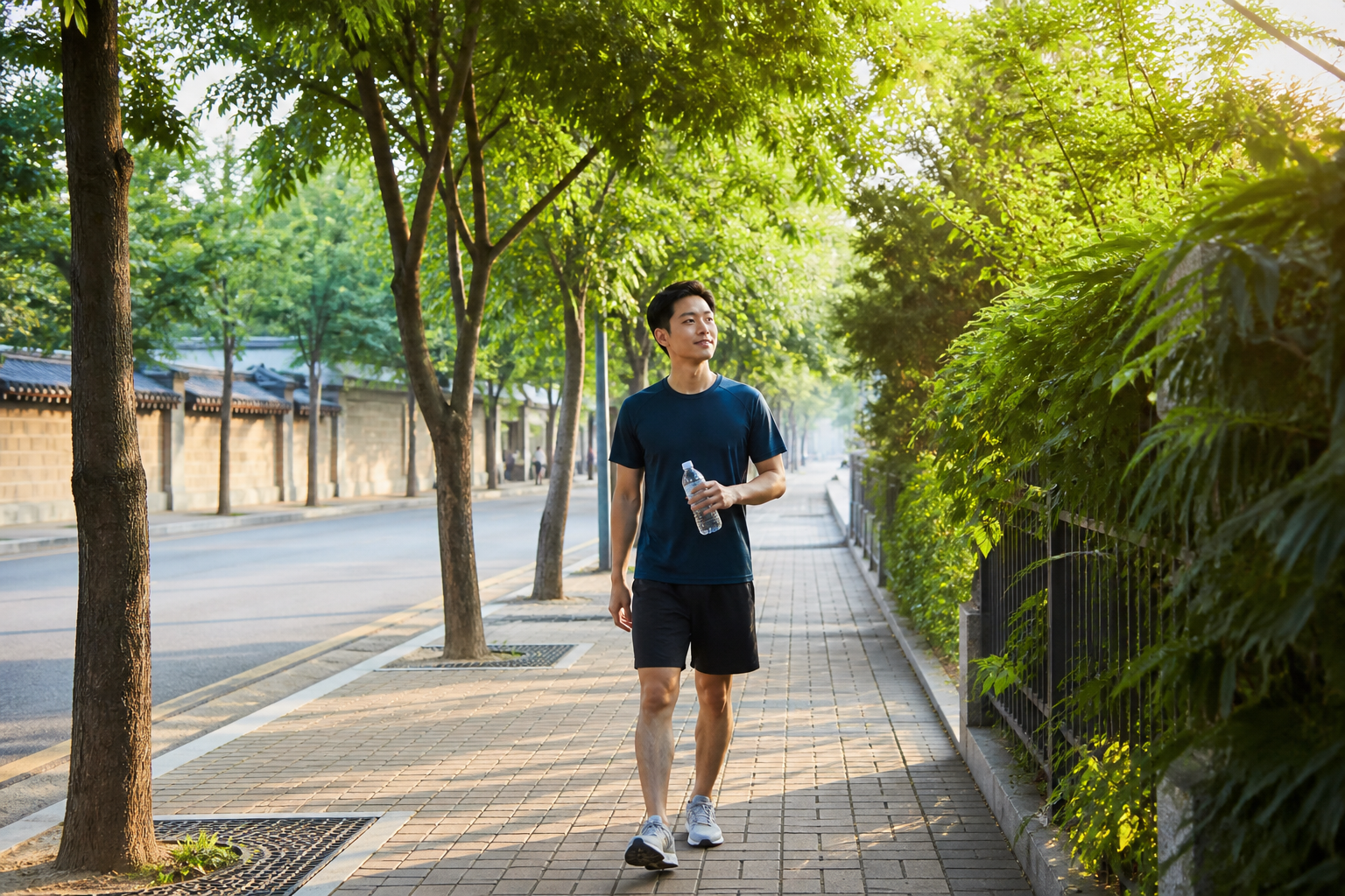 아침 햇빛을 받으며 여름 산책을 하는 한국인